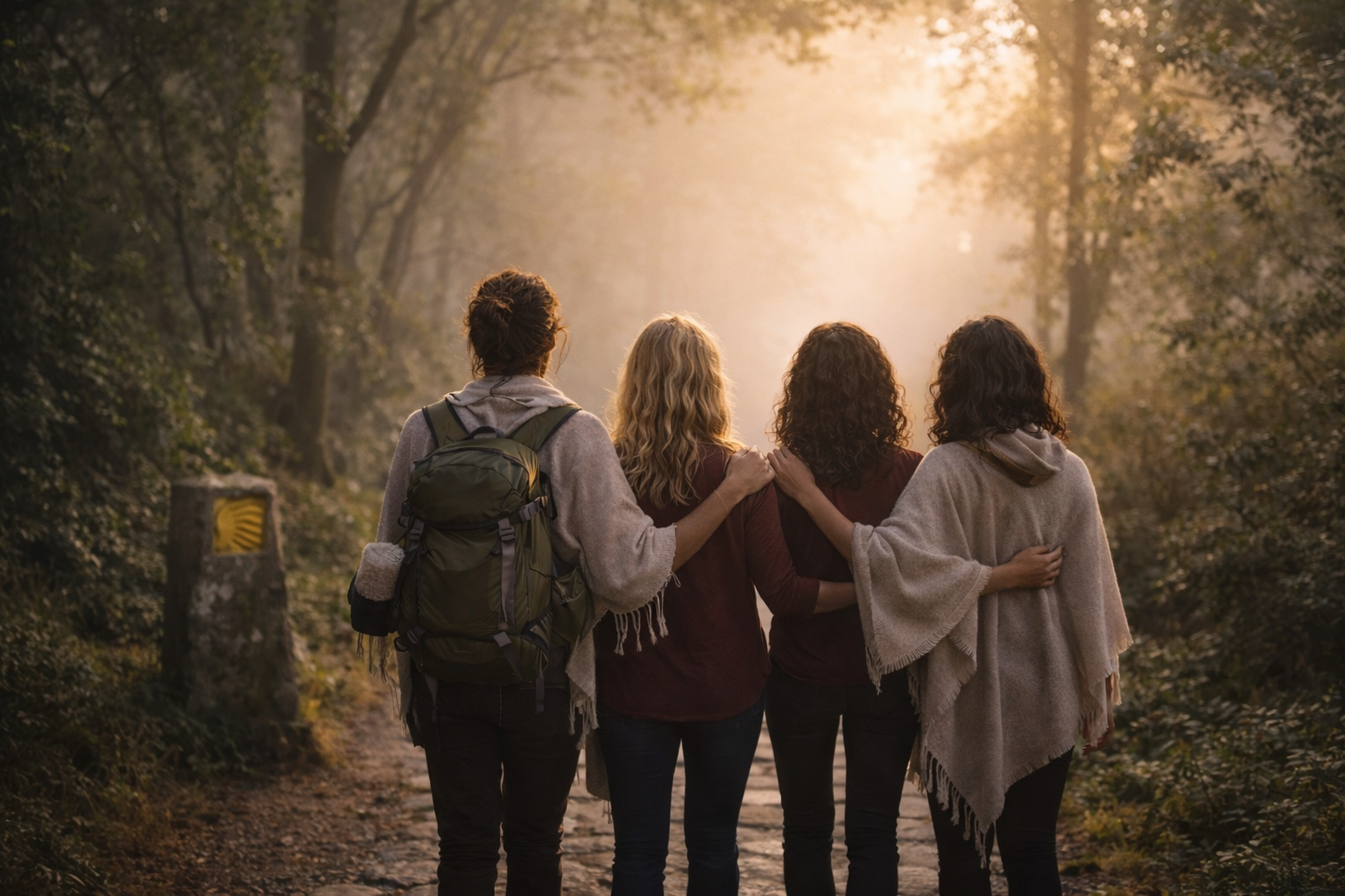 Small group retreat participants walking together during a transformational retreat focused on inner wisdom, connection, and personal growth.