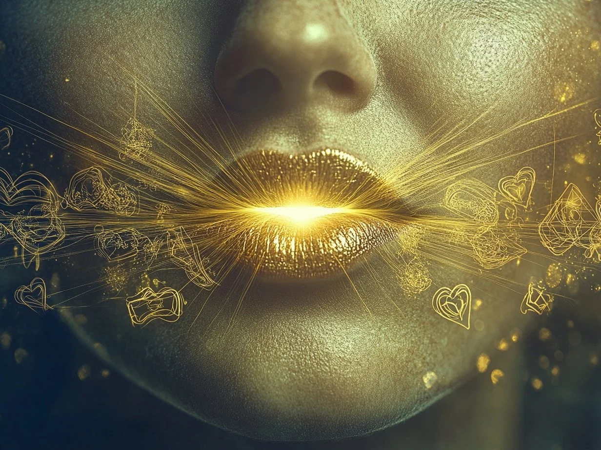 Abstract golden image of lips and light symbolizing the Whispers of the Body masterclass, focused on emotional healing and listening to the body’s messages.