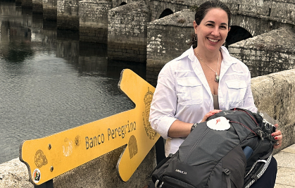 Dr. Isabel Pérez during the Camino de Santiago reflecting on body wisdom, intuition, and personal transformation.