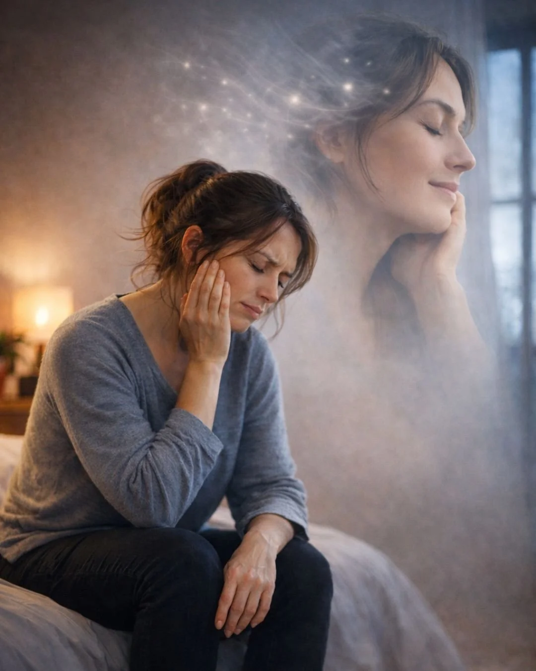 Woman gently touching her jaw, representing the Decode What Your Mouth Is Telling You masterclass focused on understanding jaw tension, oral health, and emotional stress.