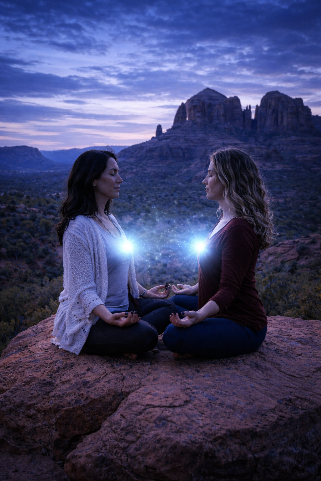 Women gathered in Sedona with light at the heart center, representing a women’s retreat focused on heart-centered healing, reflection, and inner connection.