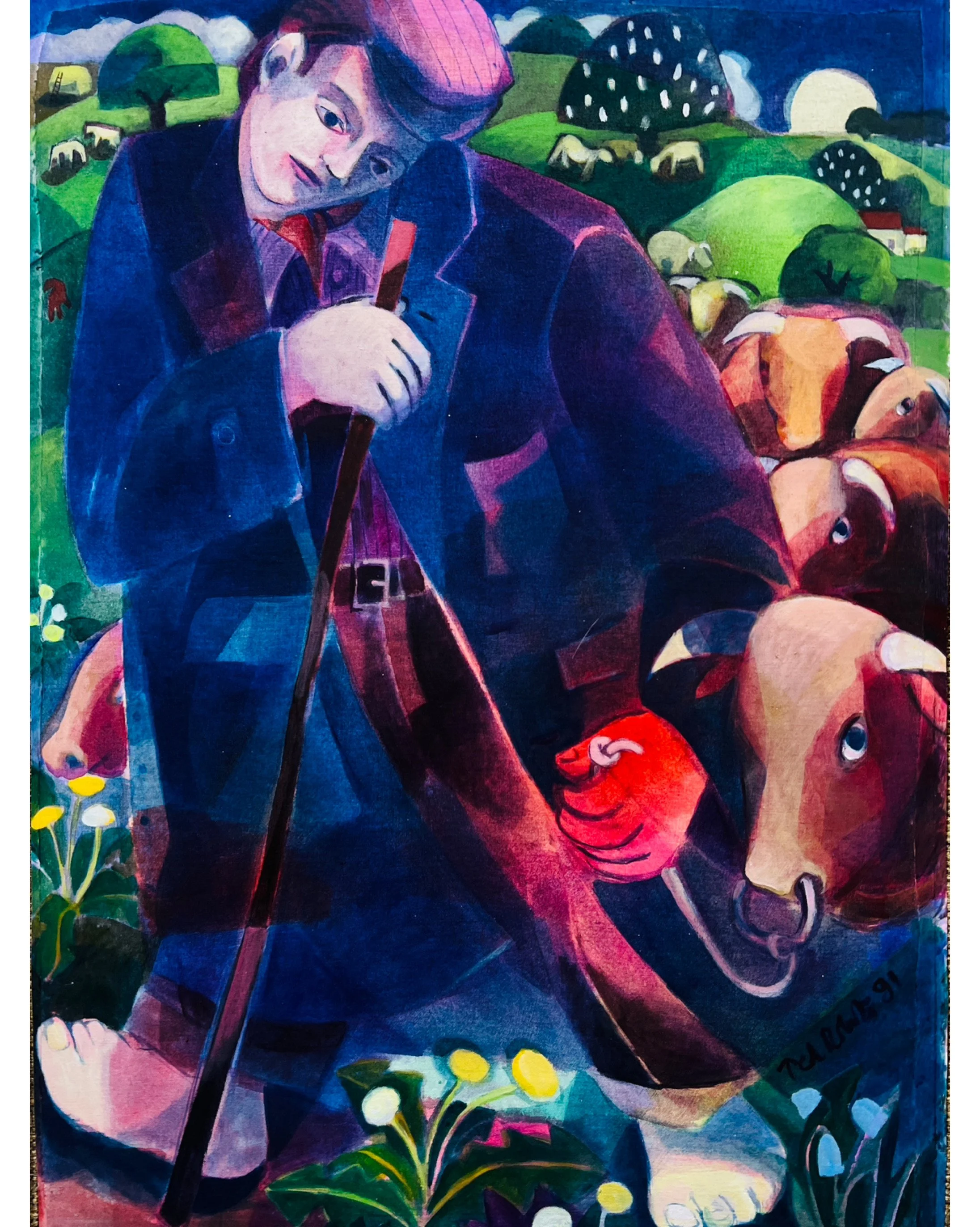 Cowherd. 1991. Acrylic on cotton. 73cm x 53cm £725 Ref: 1379
