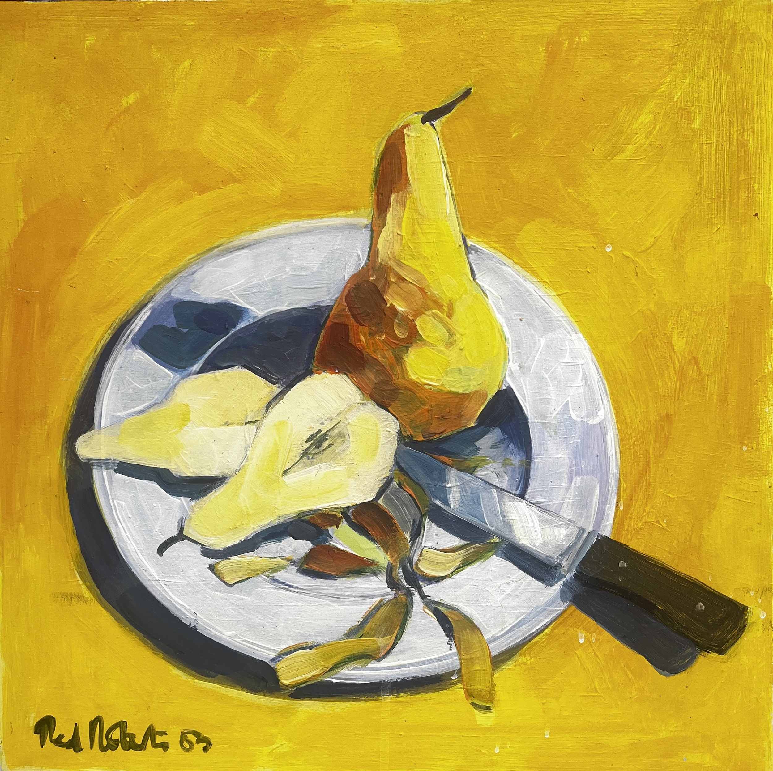 Peeling pears. 2004. Acrylic on board. 40cm x 40cm Ref: 1061