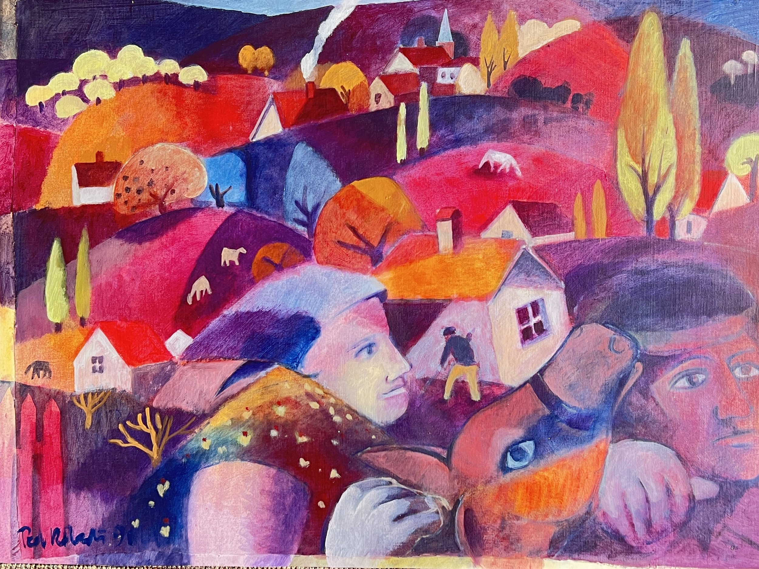 Cowherd Couple. 1991. Acrylic on cotton. 
53cm x 73cm £725 Ref: 1380