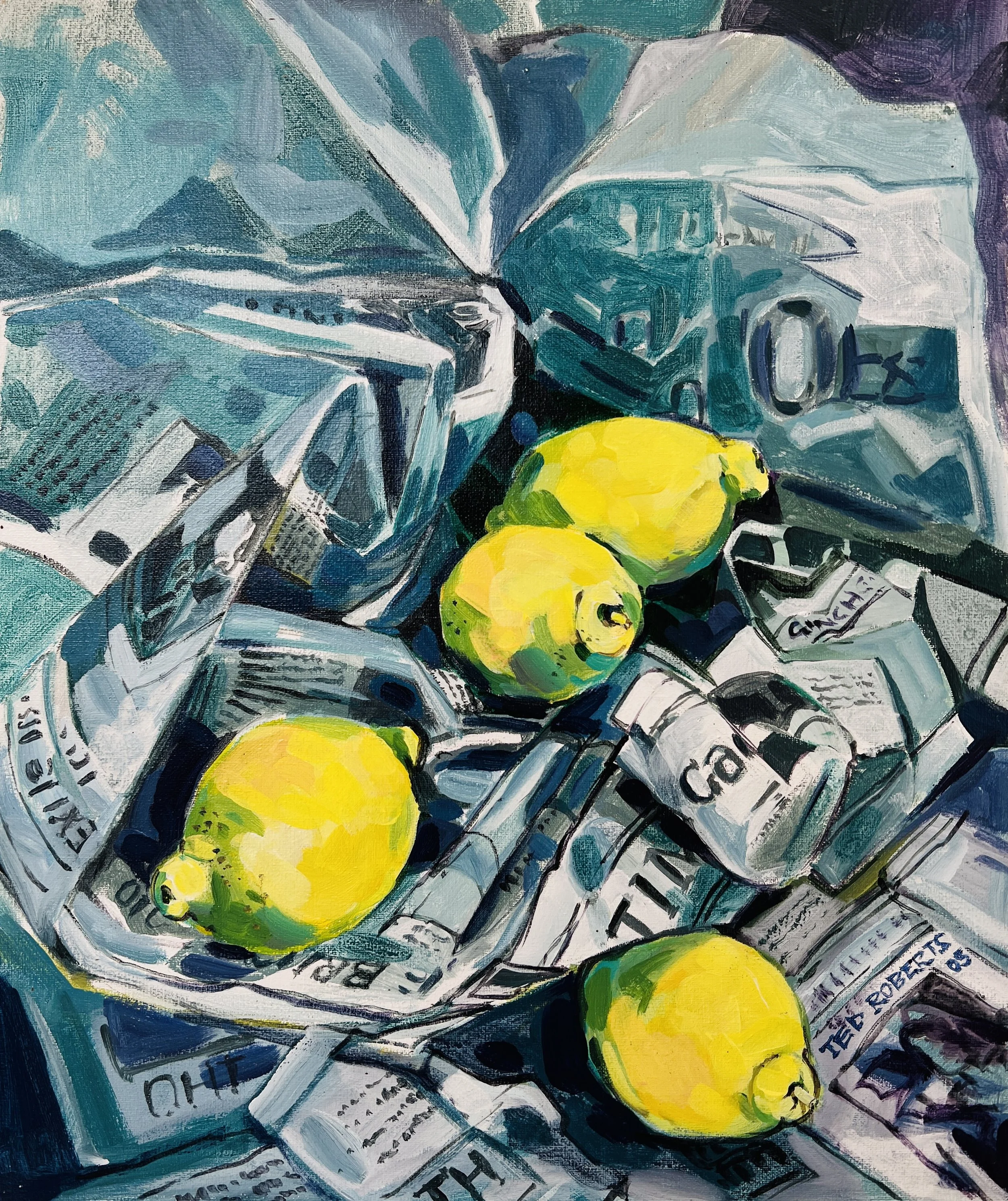 Four lemons. 2003. Acrylic on canvas. 55cm x 45cm £450 Ref: 1059