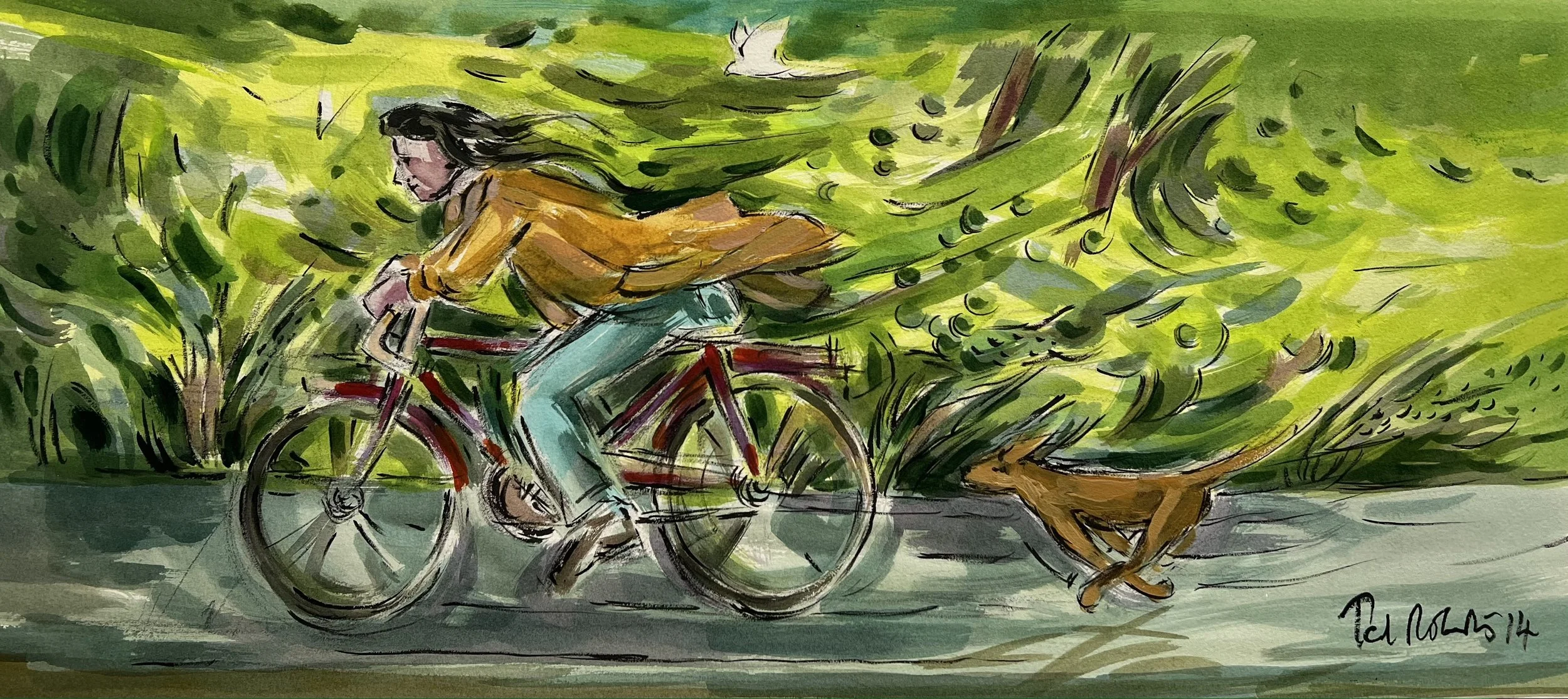 Girl on a bike. 2014. Acrylic and ink. 30cm x 68cm Ref: 1190