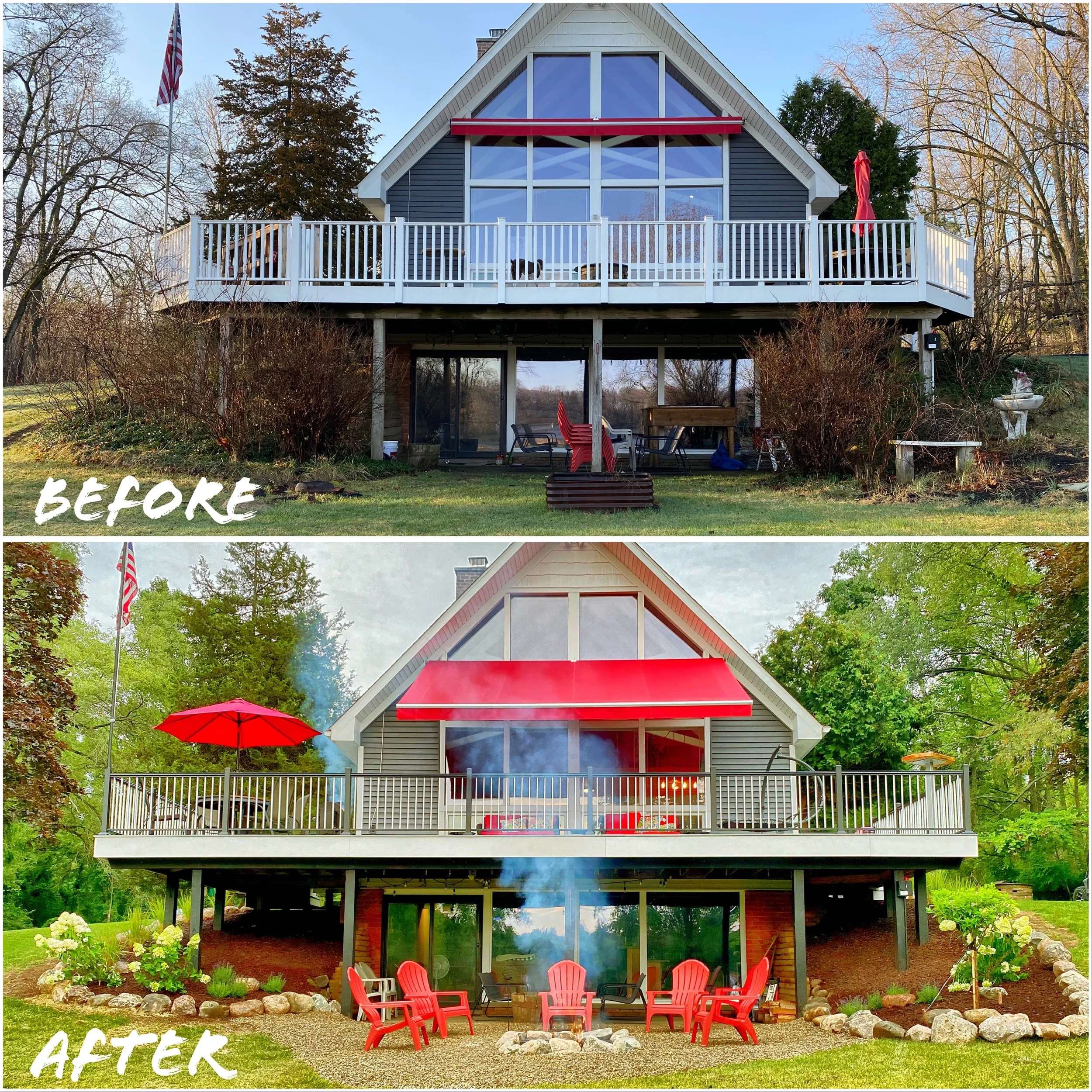 Side-by-side comparison of a house before and after renovations. Installation of new composite deck and firepit. 