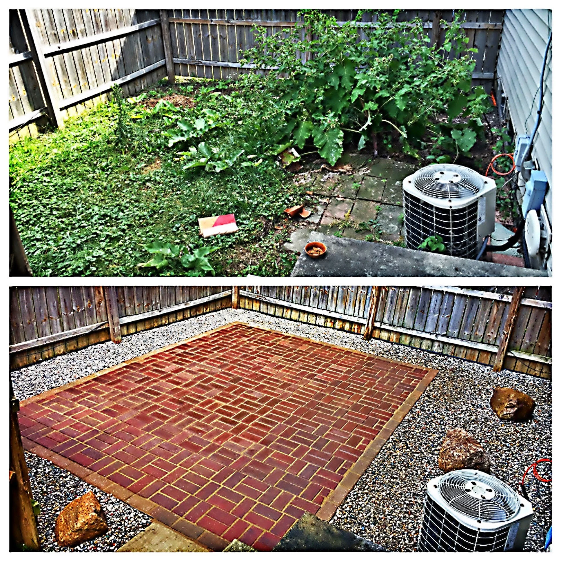 Comparison of a backyard before and after cleaning, showing a patch of grass and plants in the top image and a newly paved patio with bricks and stones in the bottom image.