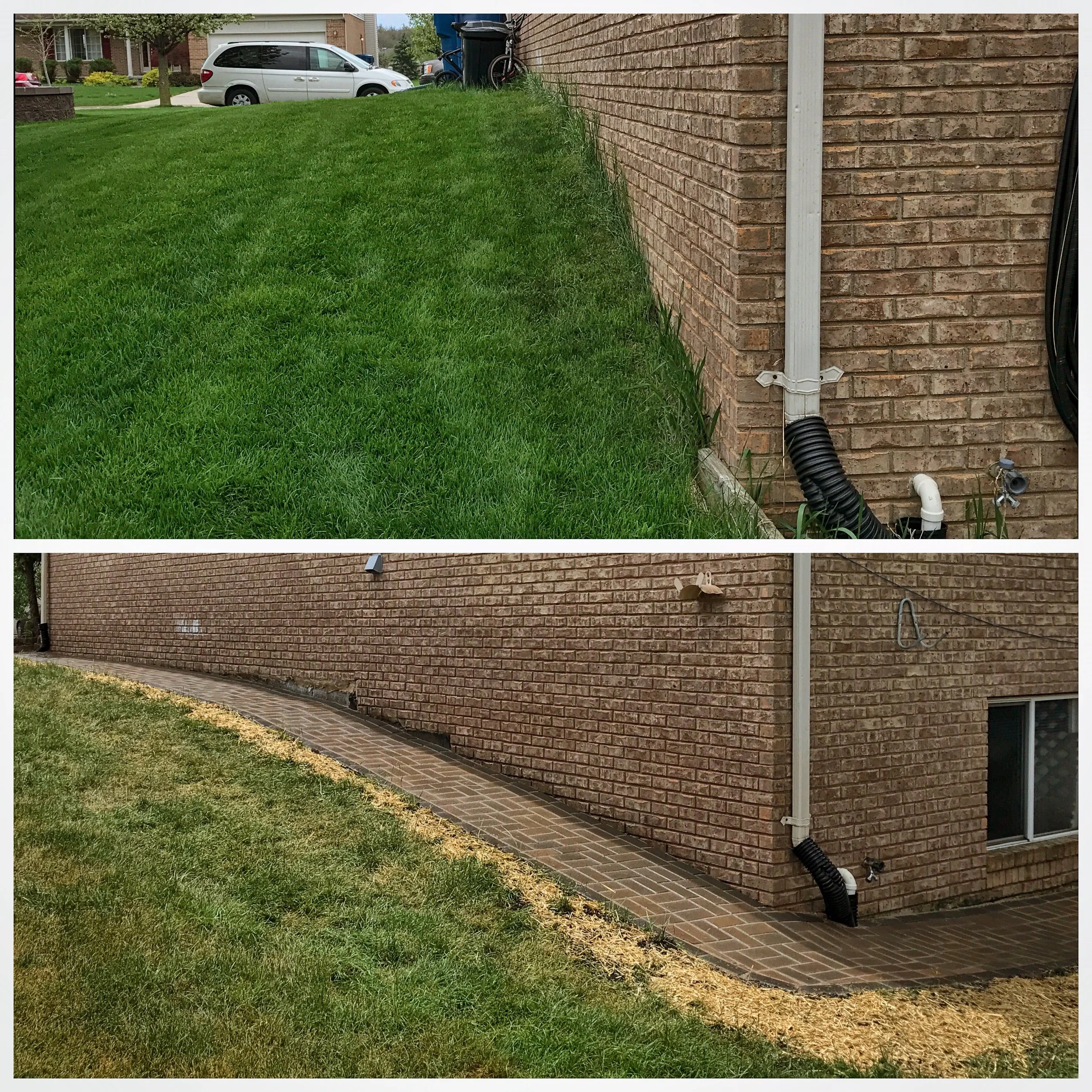 Comparison of a grassy yard and a brick-paved walkway beside a brick house, showing new stone landscaping replacing grass along the walkway.