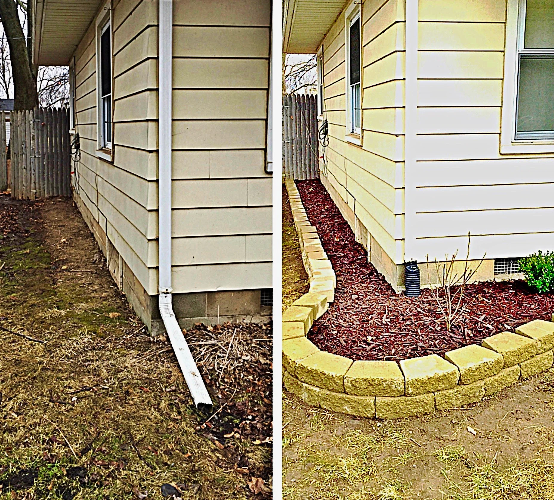 Before and after comparison of landscaping around a house, showing a new block retaining wall.