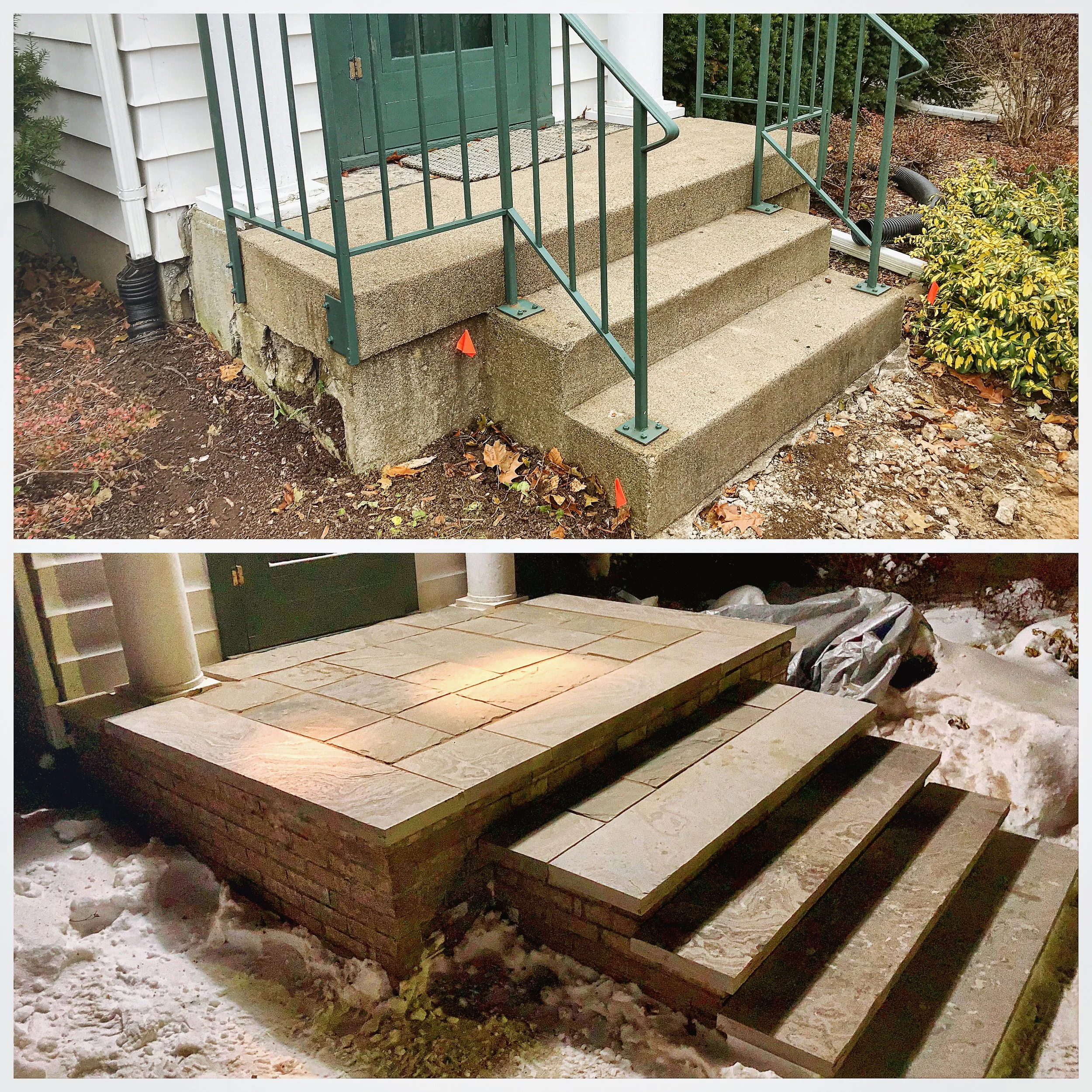 Old concrete landing transformed into new brick and stone front door landing.