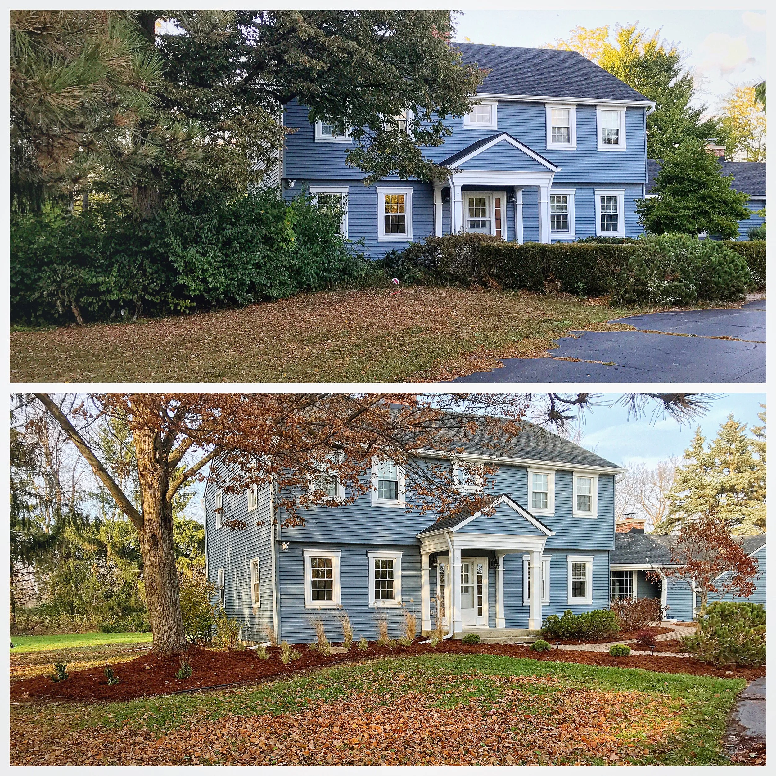Side-by-side comparison of a blue, three-story house. The top image shows a house surrounded by overgrown bushes and a leaf-strewn yard. The bottom image depicts the same house with trimmed bushes and a clean yard.