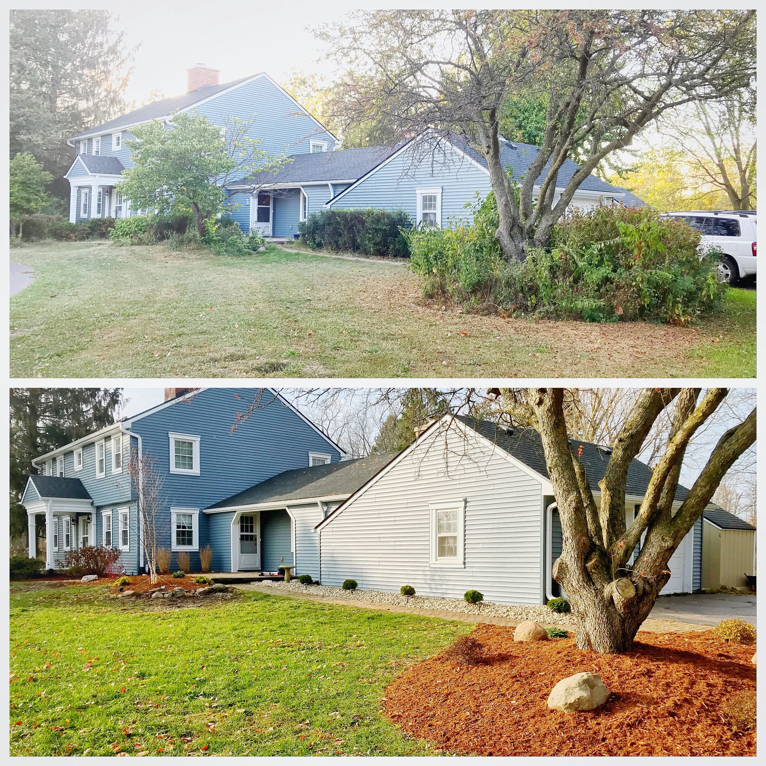 Side-by-side comparison of a house before and after exterior renovation. The 'before' image shows a more overgrown yard with dull grass, while the 'after' image displays a manicured lawn, trimmed plants, and fresh mulching around the trees.