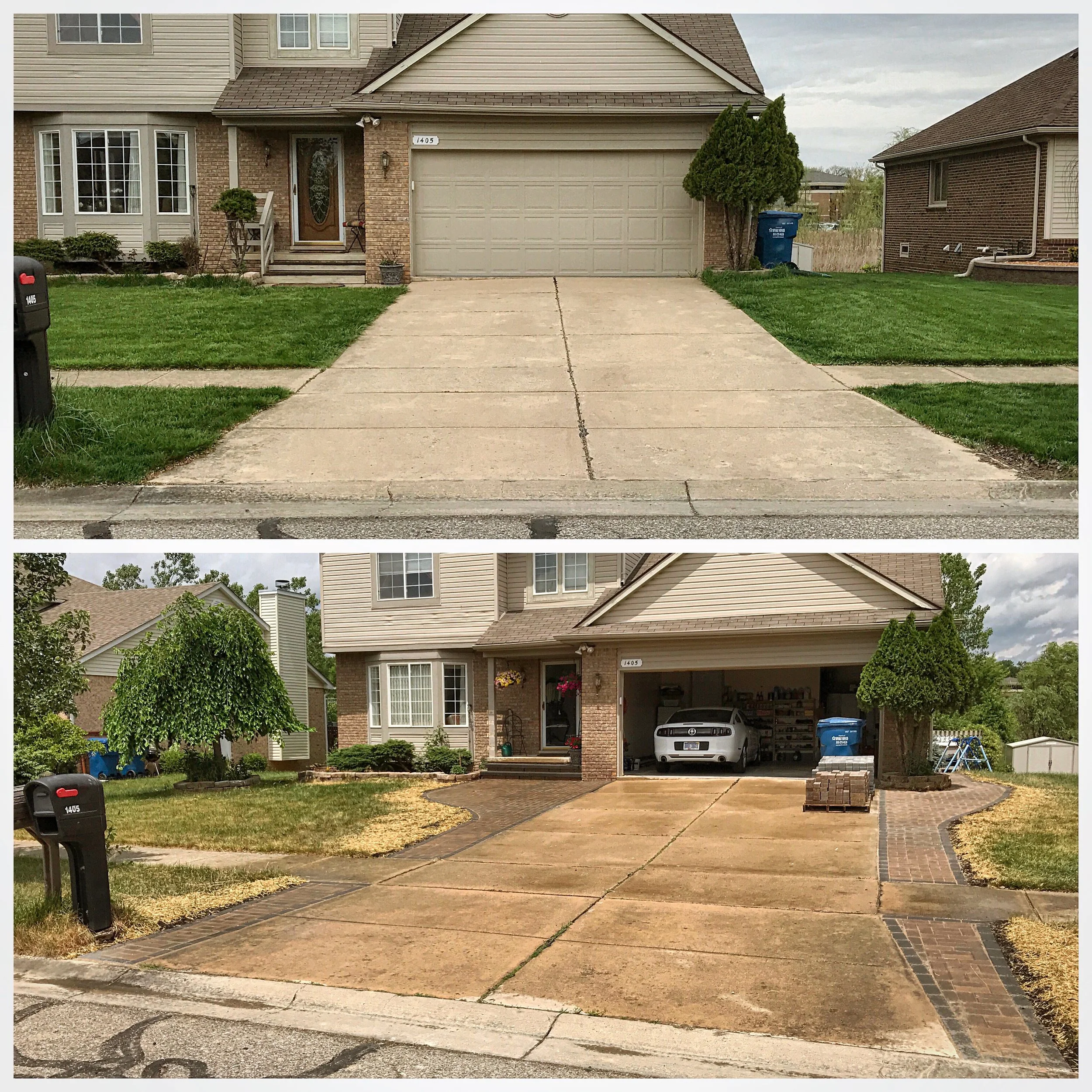 Comparison of a house's driveway before and after replacement. The top image shows a concrete driveway in good condition. The bottom image shows the same driveway after being replaced with stamped concrete and brick borders.
