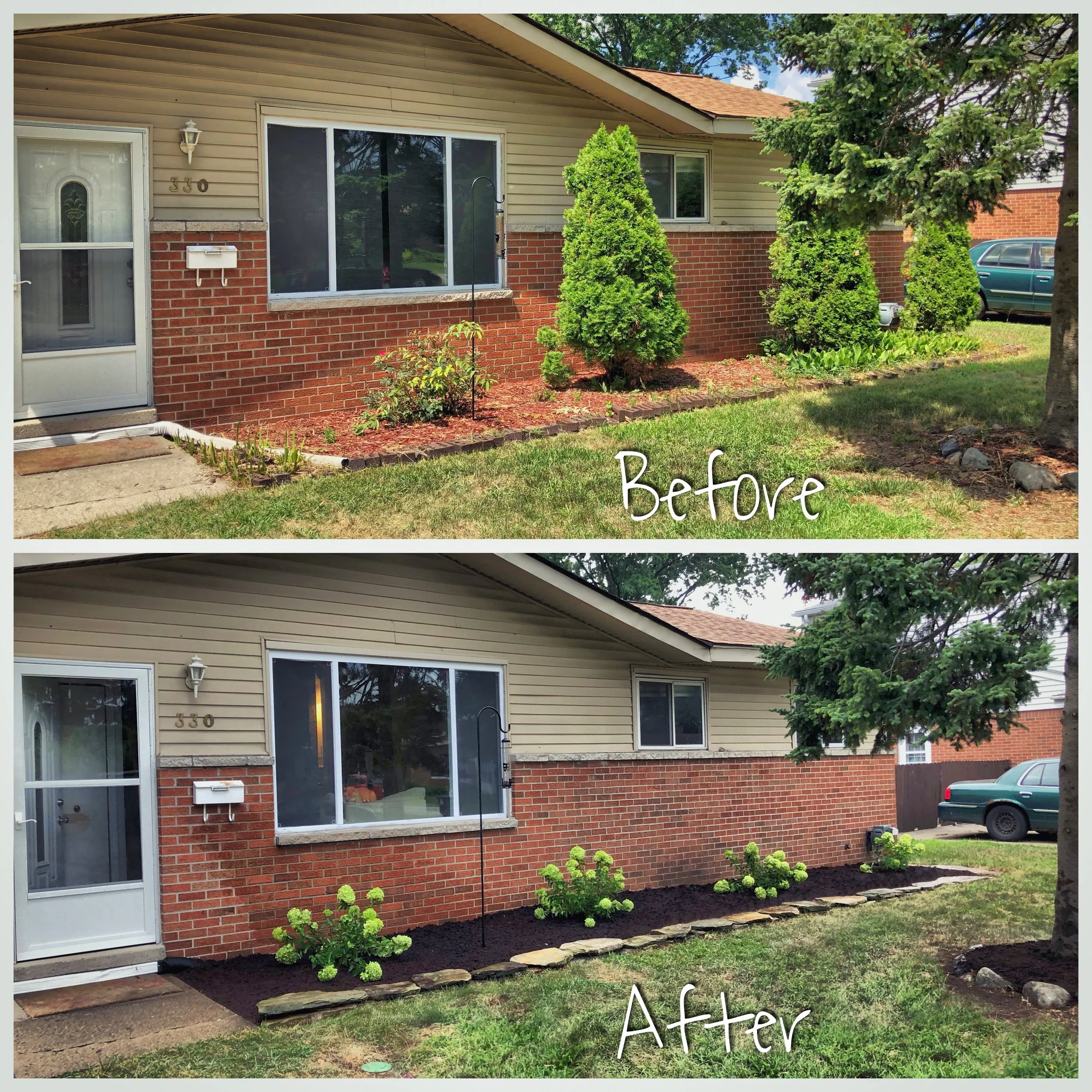 Side of house showing landscaping before and after gardening, with new mulched flower bed, green plants, and stone border in after photo.