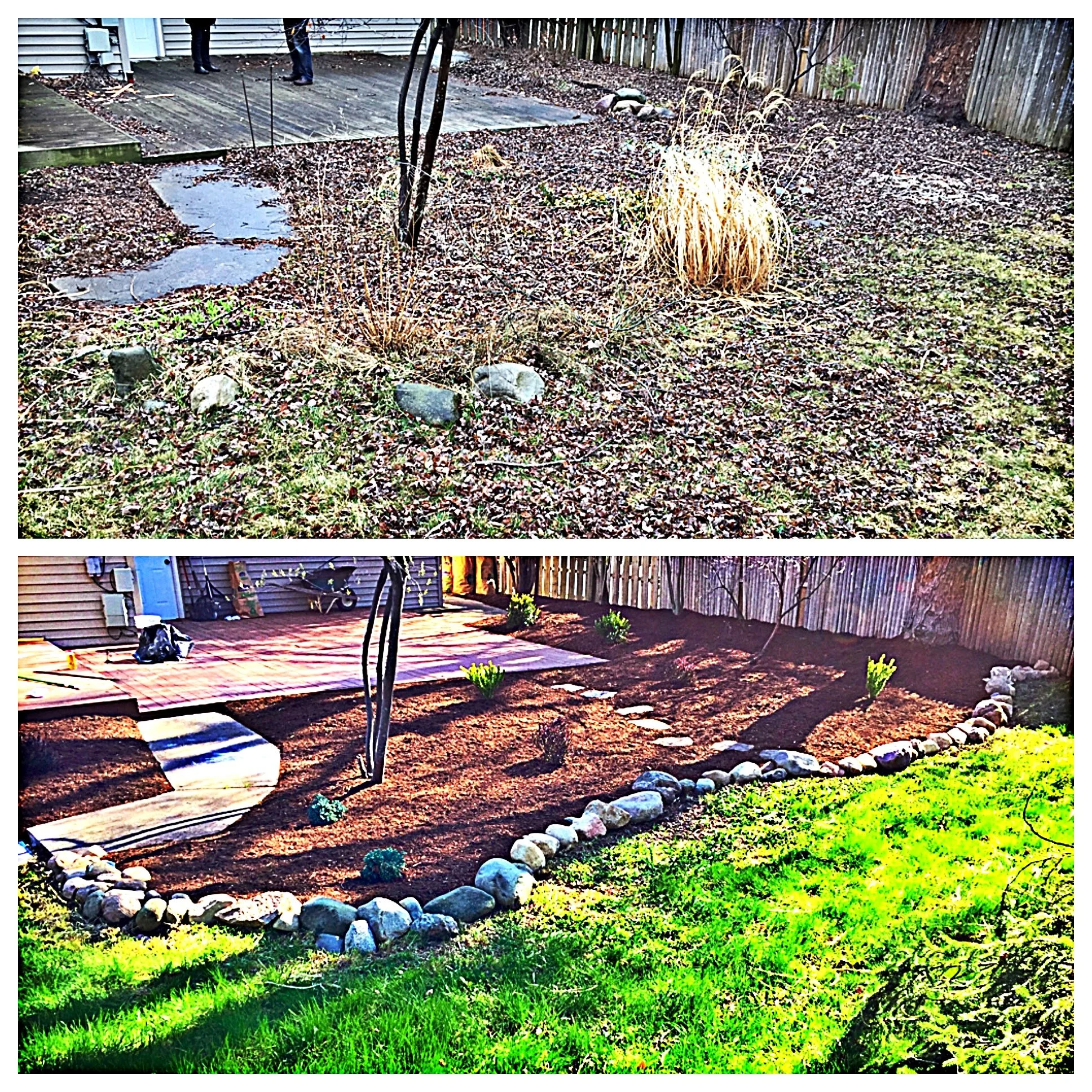Before and after images of a backyard landscape project. The top image shows a yard with dead grass, weeds, rocks, and patches of bare soil, with a patio and a wooden fence in the background. The bottom image shows the same yard after renovation, wit