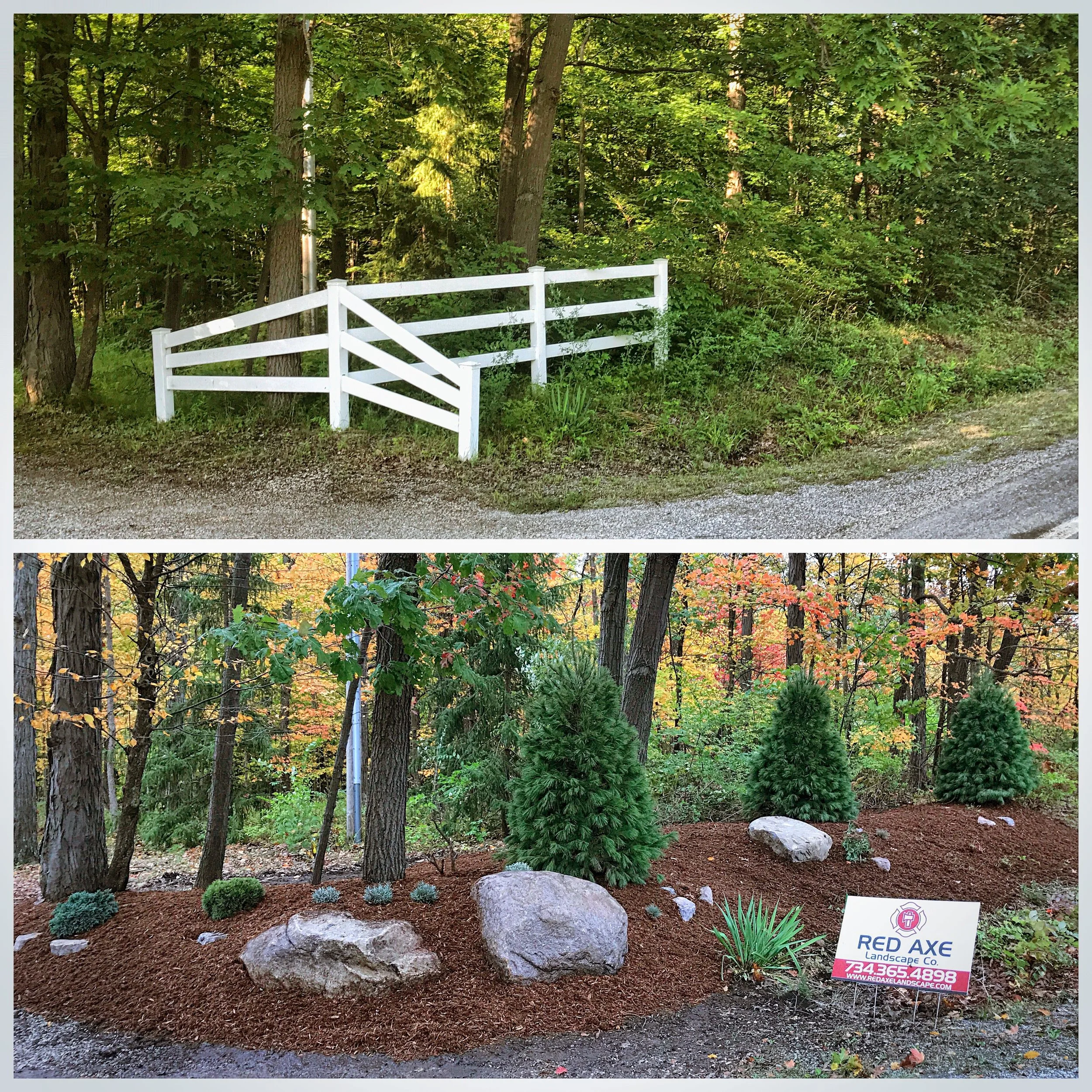 Split image showing two outdoor scenes. The top scene features a white wooden fence on a grassy edge of a wooded area with tall trees. The bottom scene depicts a landscaped area with mulch, several small evergreen trees, large rocks, and trees.