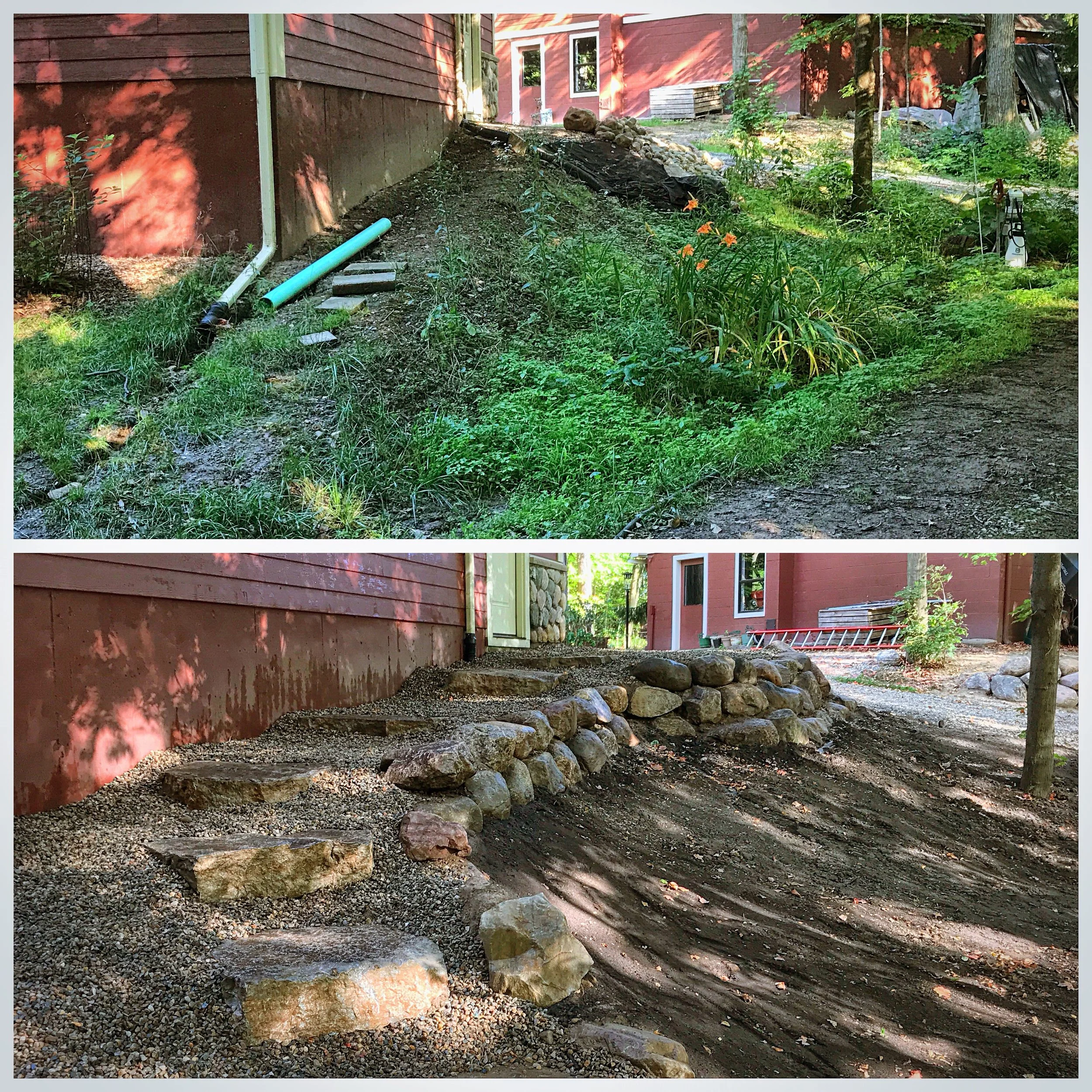 Before and after images of a landscaping project showing a pathway with stone steps and a stone retaining wall
