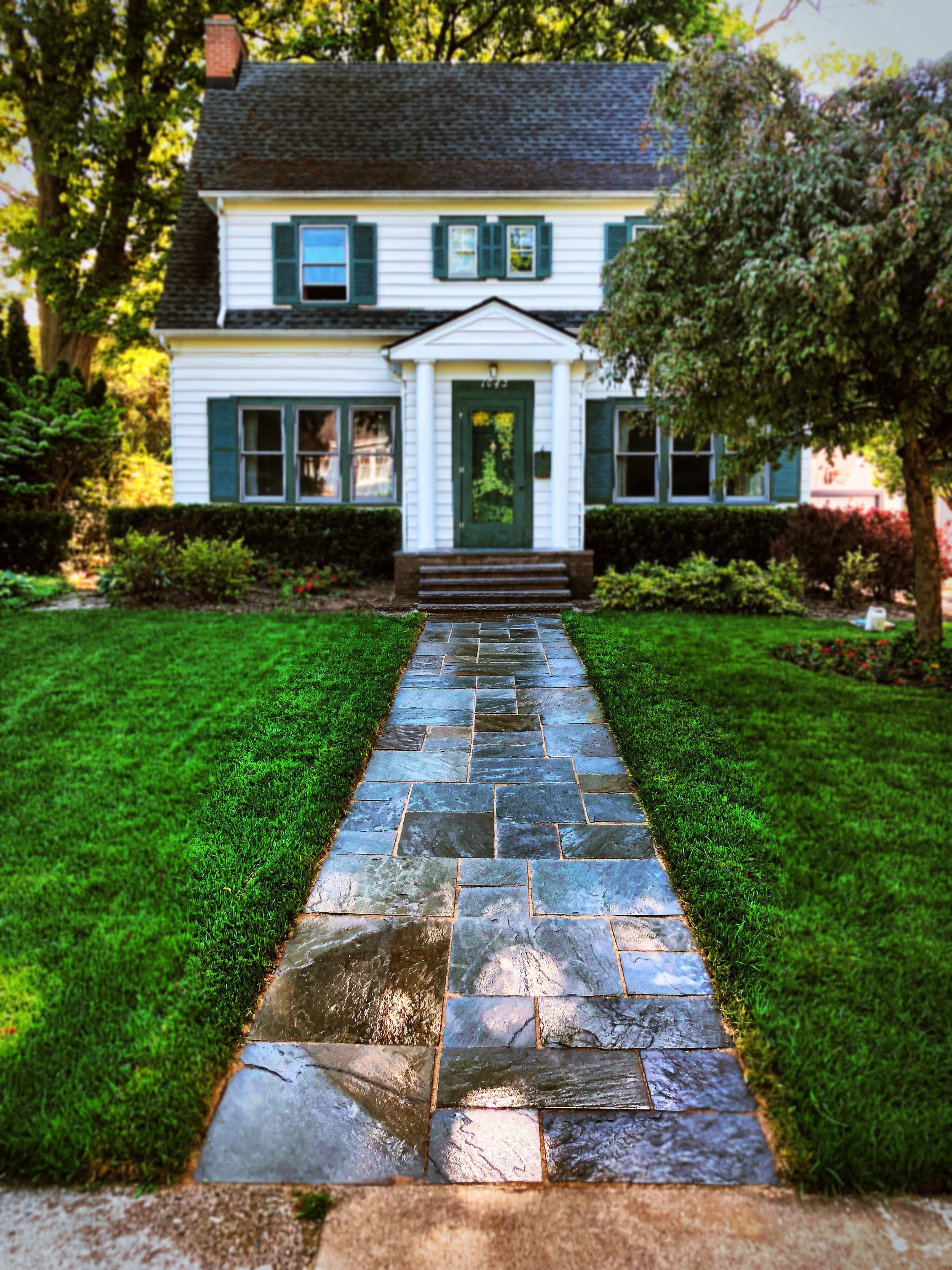 Ann Arbor, MI - Bluestone walkway with brick paver steps and new sod. 