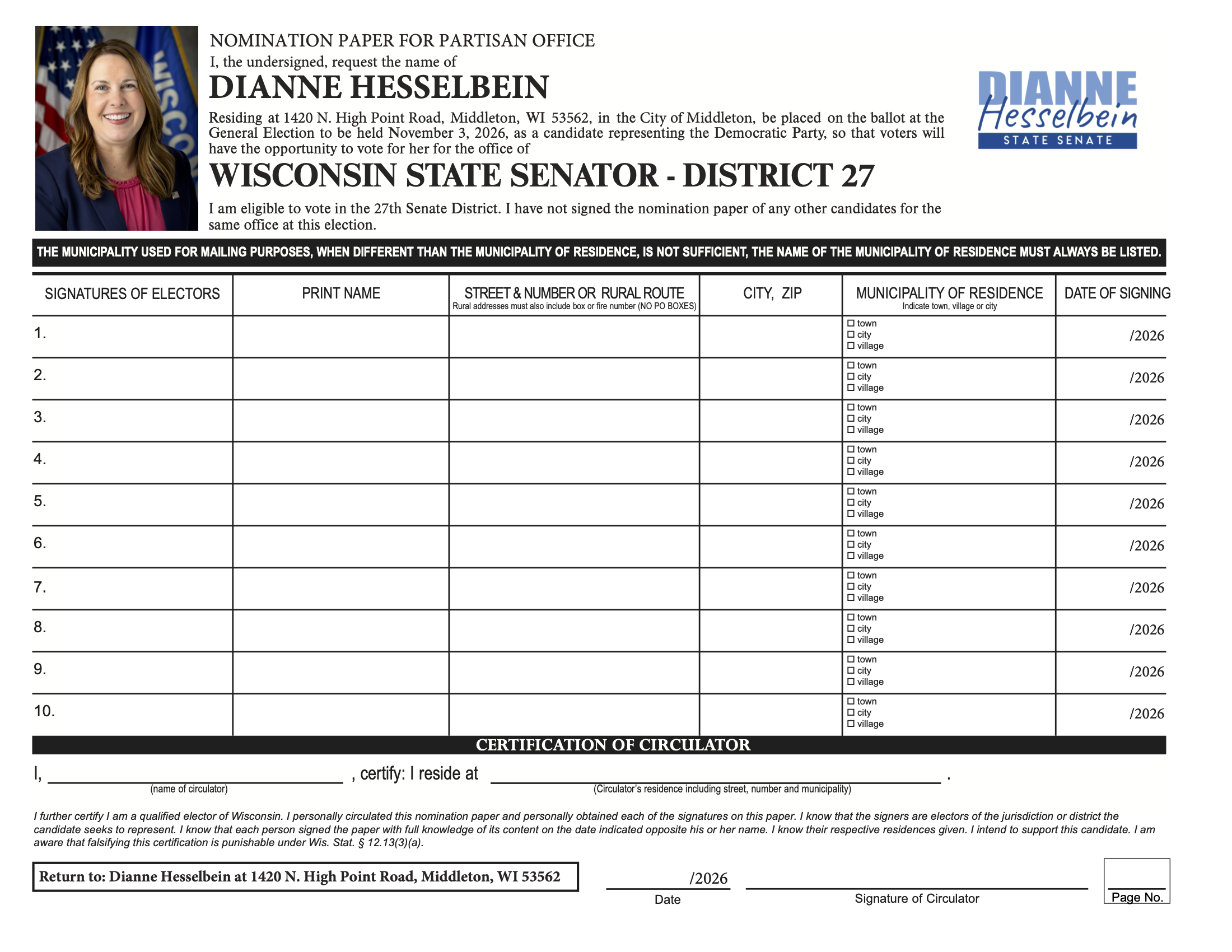 2026 Senate District 27 Nomination Paper