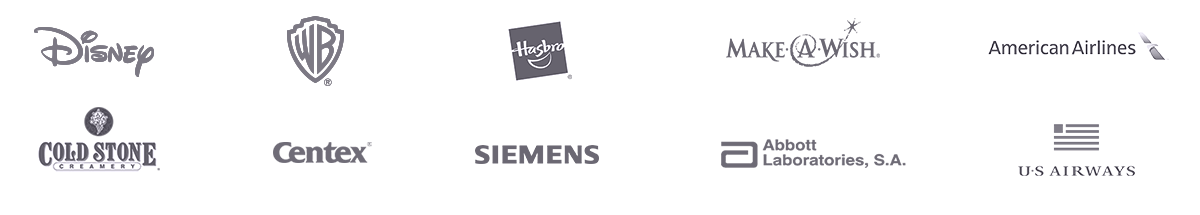 Logo grid of organizations including, Disney, Warner Bros., Hasbro, Make-a-Wish, American Airlines, Cold Stone Creamery, Centex, Siemens, Abbott, and US Airways