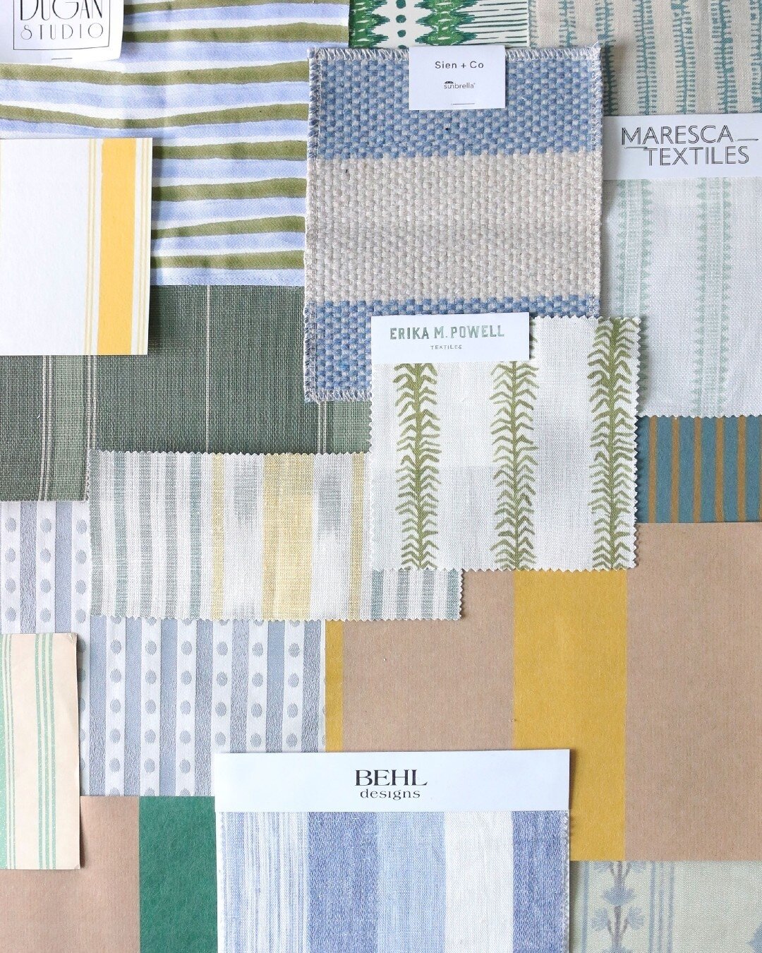 A new take on stripes 🤩 All these textiles and more available at @fritzporterchs⁠
⁠
textiles from @marescatextiles, @sienandco, @serenadugan, @behldesigns, @thevalelondon, @erikampowelltextiles, @hamiltonwestonwallpapersltd, @august.abode, @faycetex