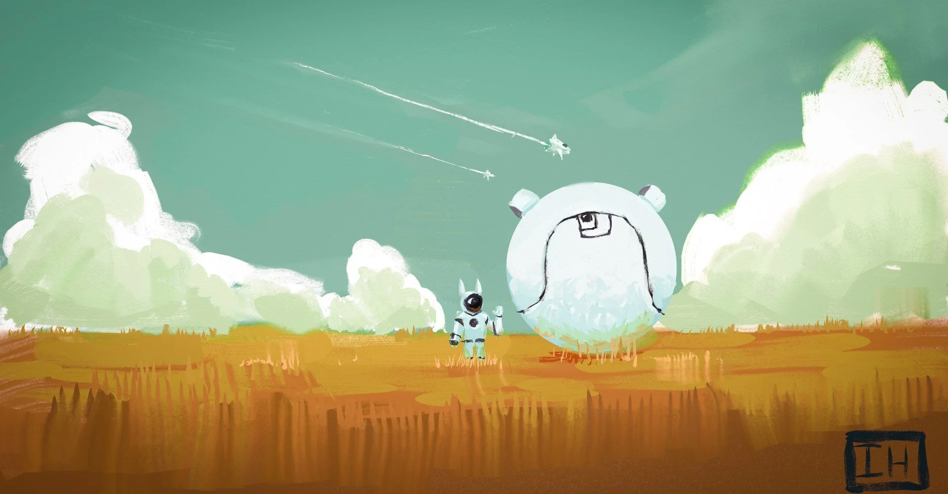 Star Hopper and Kit standing in a wheat field as ships fly far above through an aquamarine sky