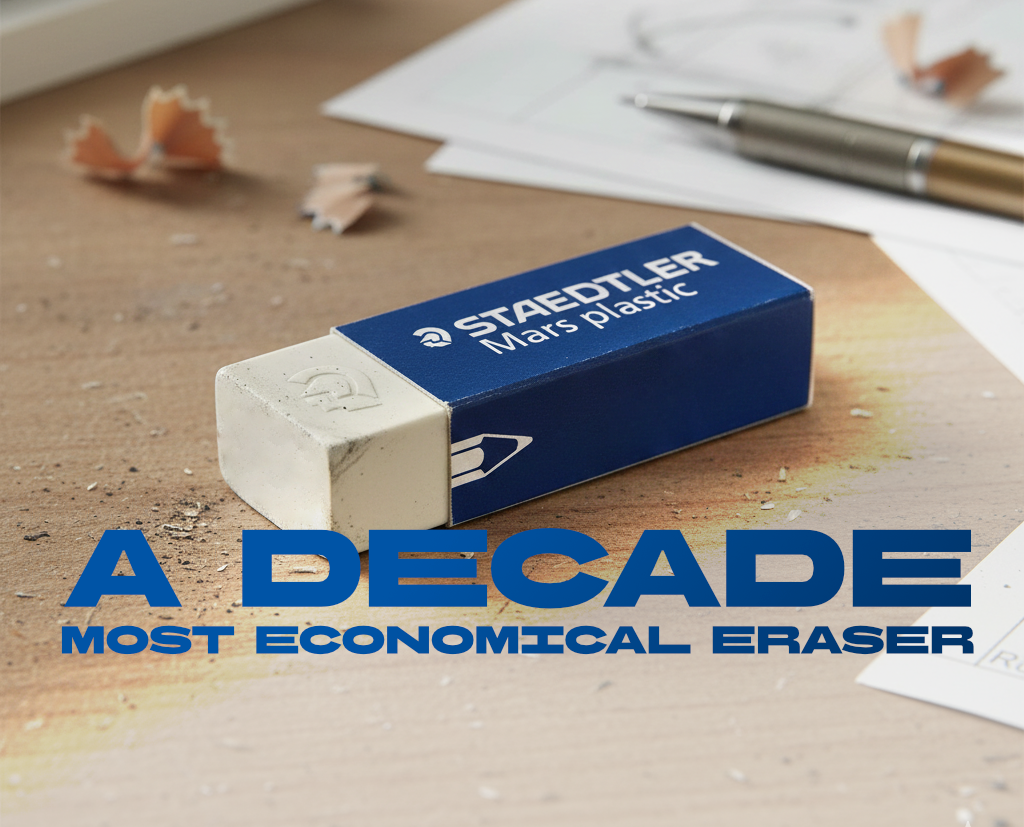 Staedtler Mars Plastic white vinyl eraser on a sketchbook page with graphite drawings