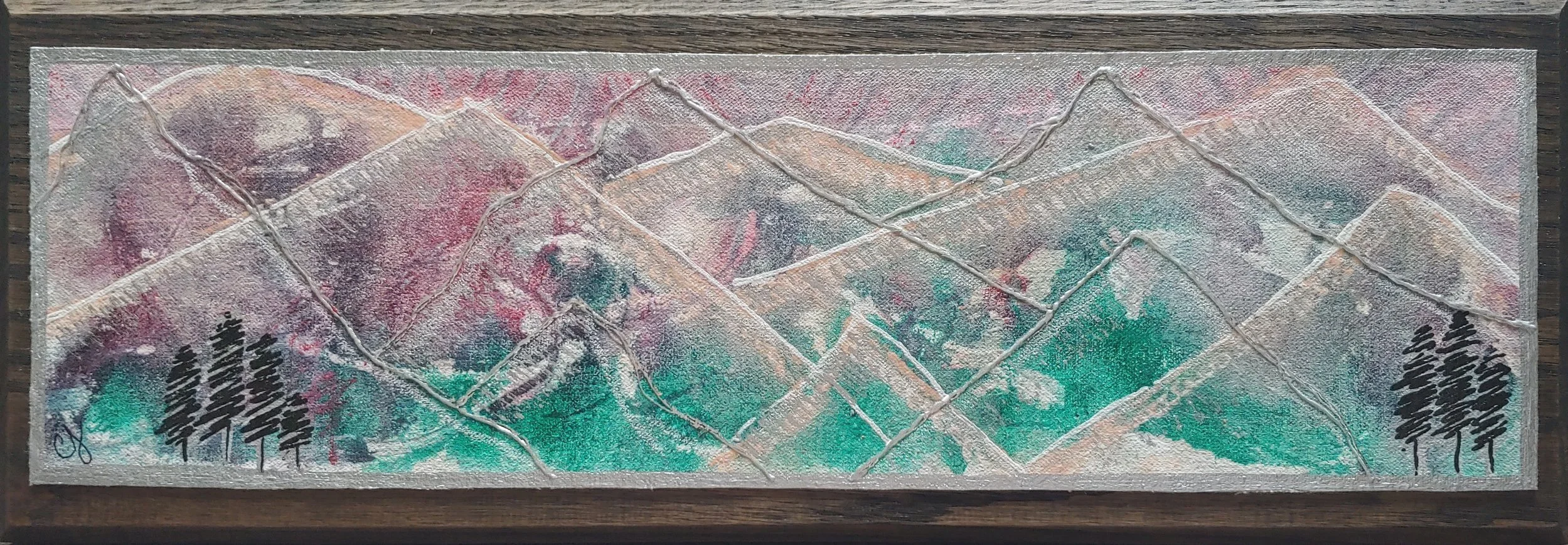 Flurries, 6x18", acrylic, silver leaf and canvas on oak, $140