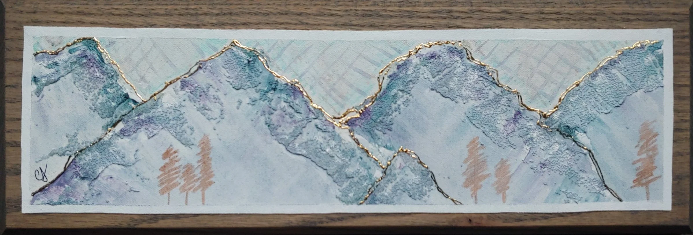 Rocky blues, 5.5x16", acrylic, gold leaf and canvas on oak, $130