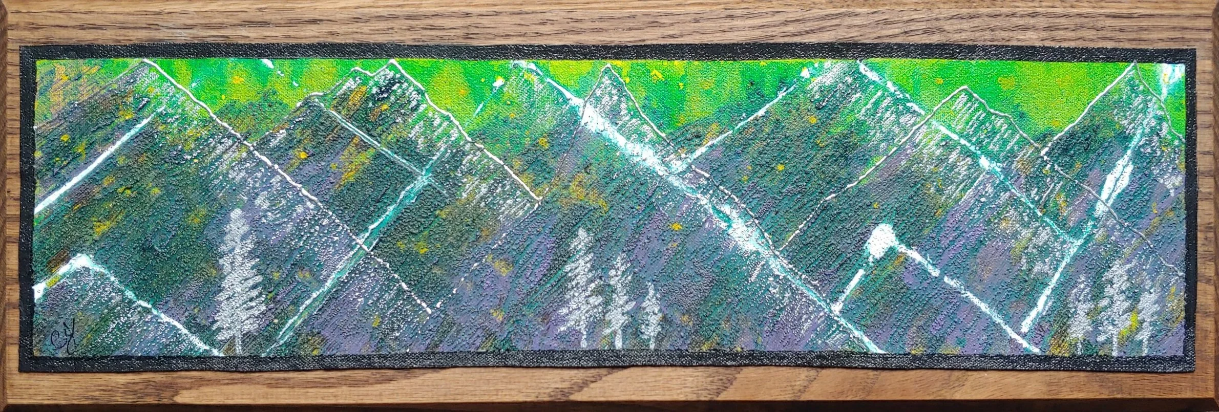 Unexplored, 6x18", acrylic, silver leaf and canvas on oak, $140