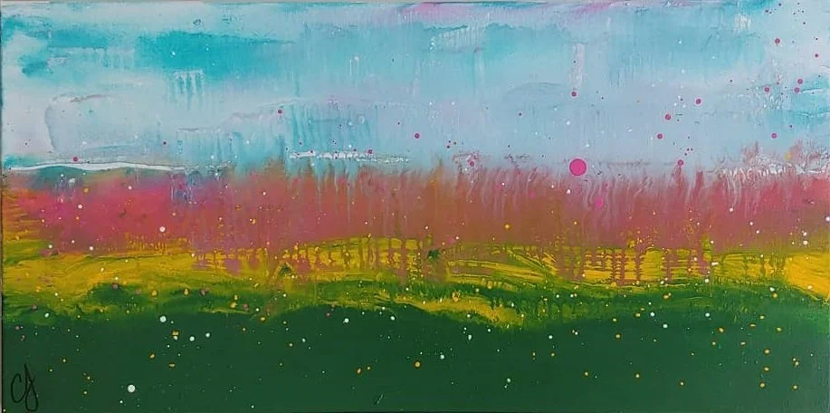 Hints of joy, Wonderlands Collection, acrylic on canvas, 18x36", in oak frame, $490
