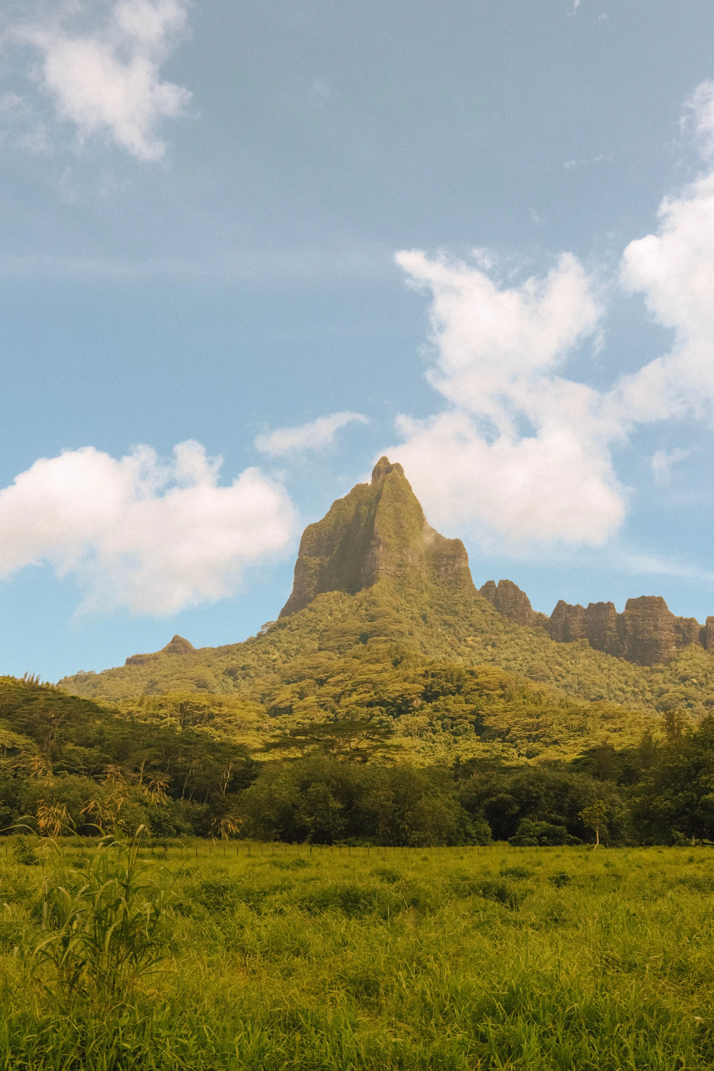 A tall, jagged mountain peak with lush green vegetation at its base, under a partly cloudy sky.