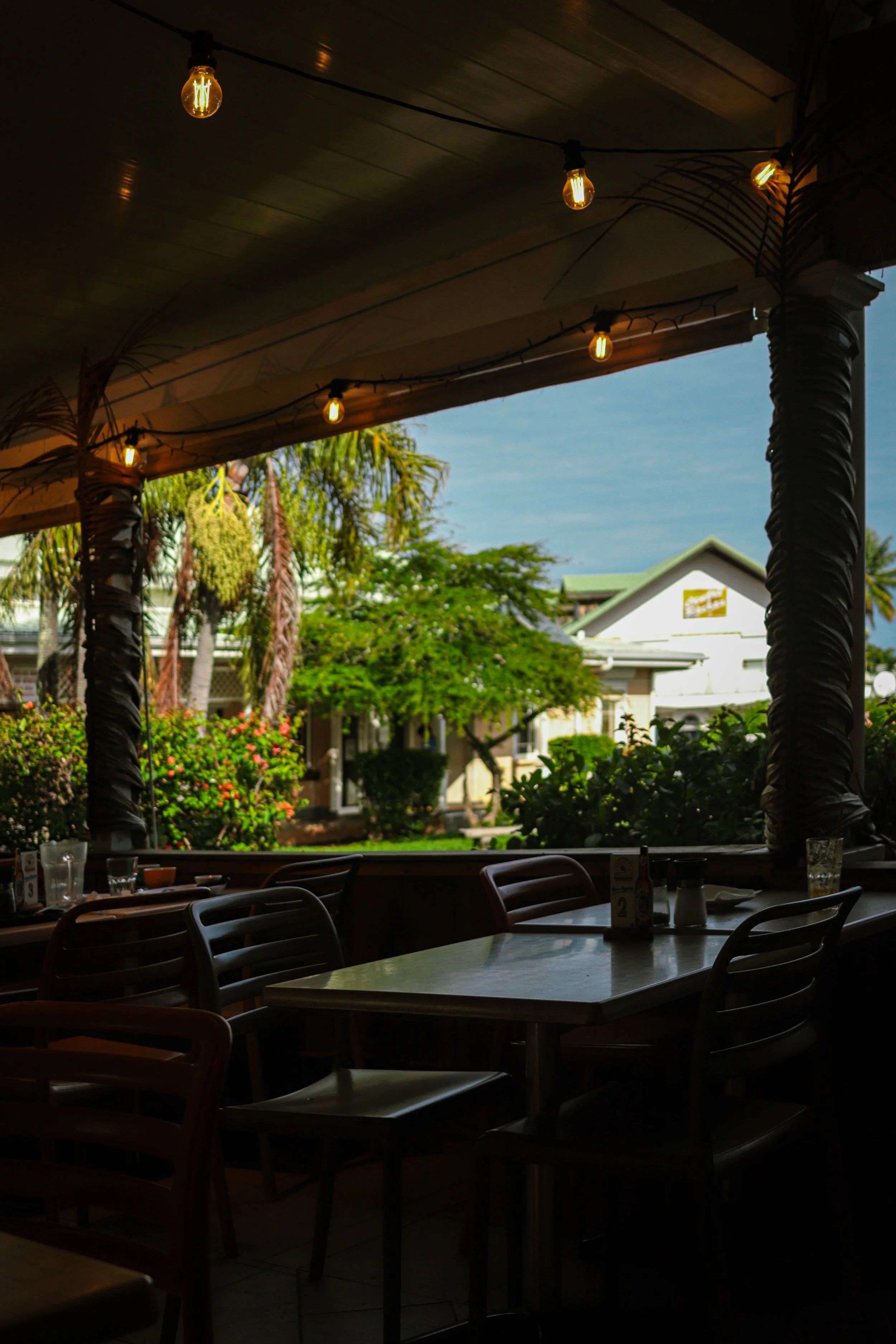 View from inside a restaurant with wooden tables and chairs, looking out to a lush garden with palm trees and a house, under a wooden ceiling with hanging light bulbs.