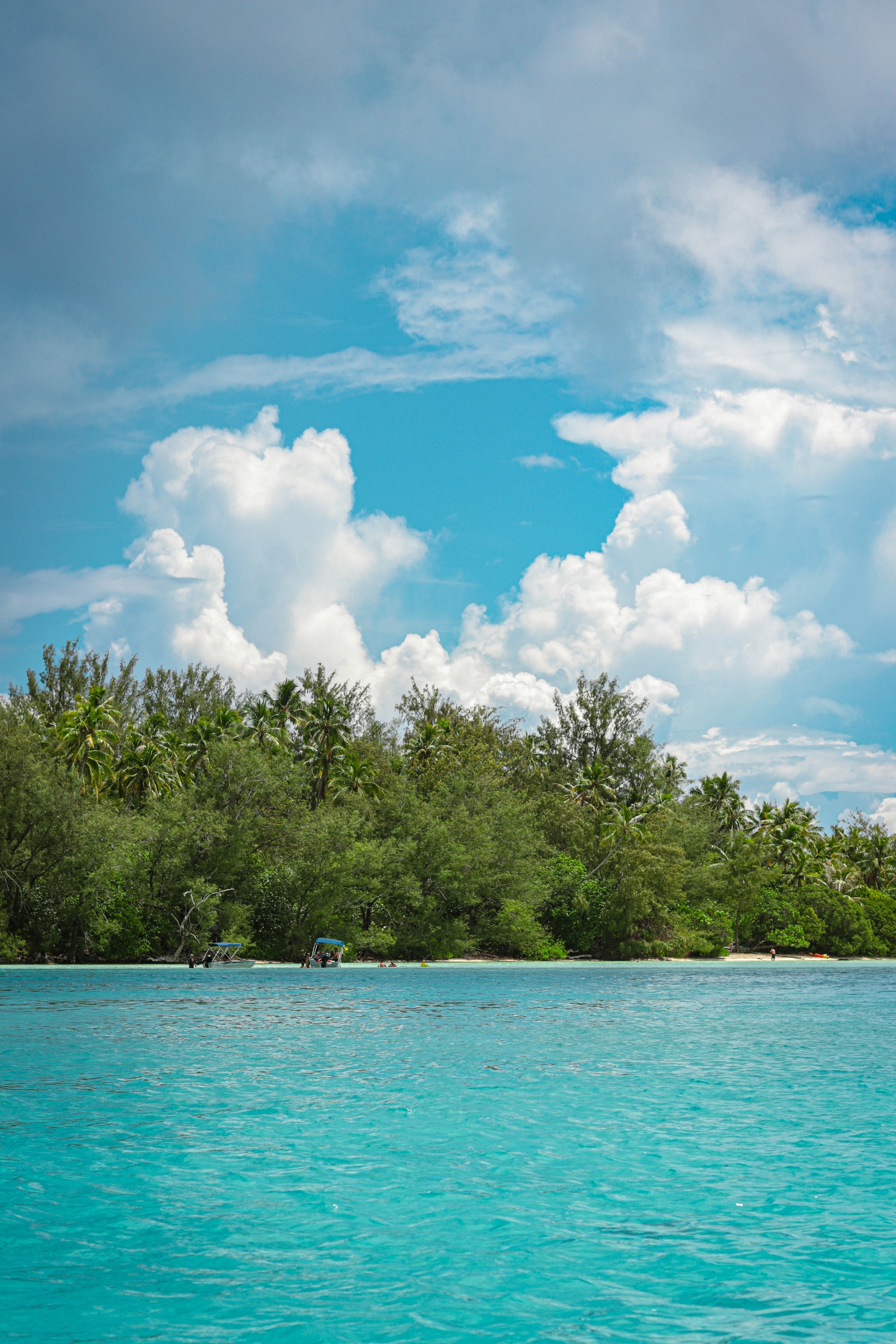 A tropical beach scene with turquoise water, lush green trees, and a partly cloudy sky.