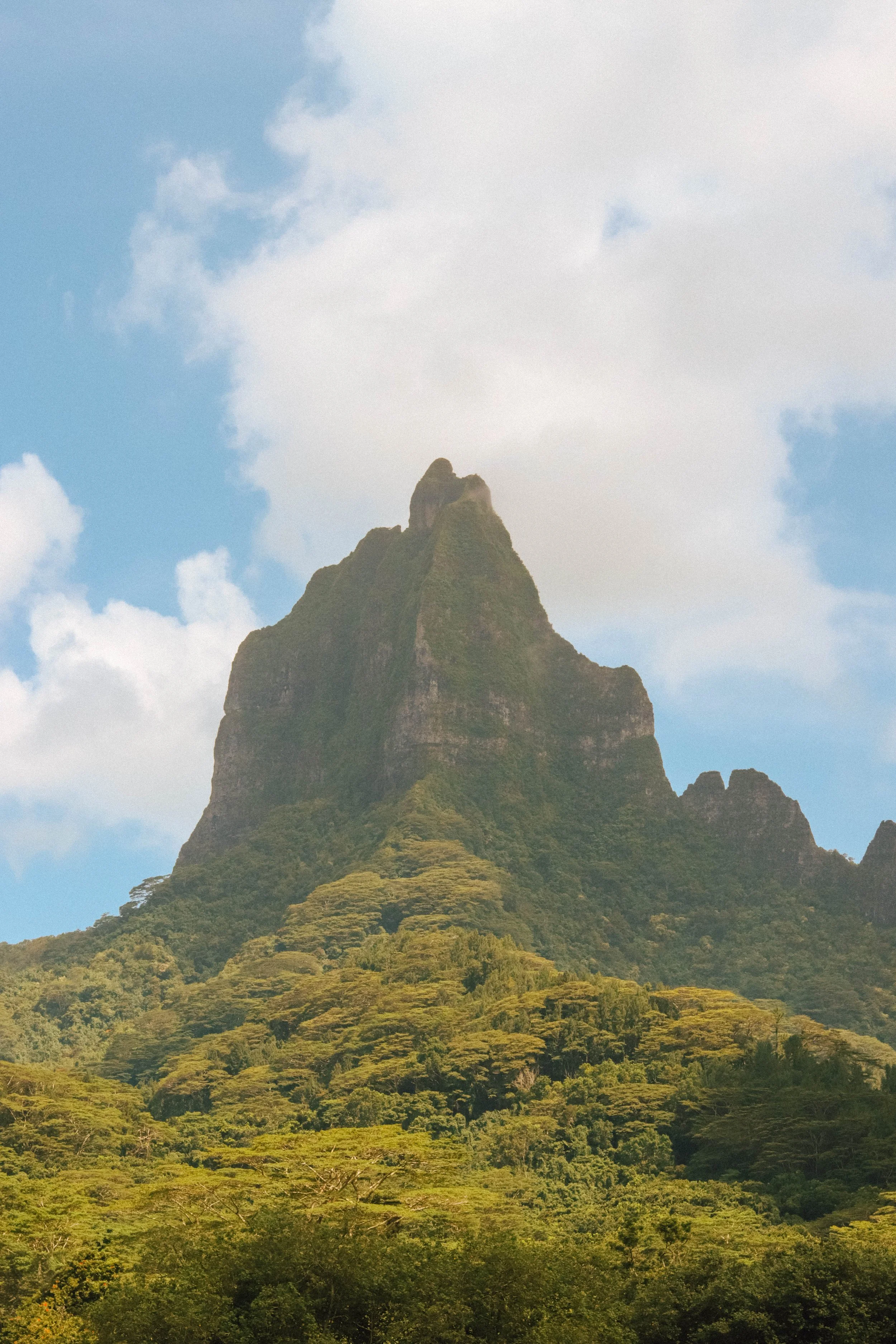 A mountain with a lush forested base and a rocky, pointed peak against a partly cloudy sky.