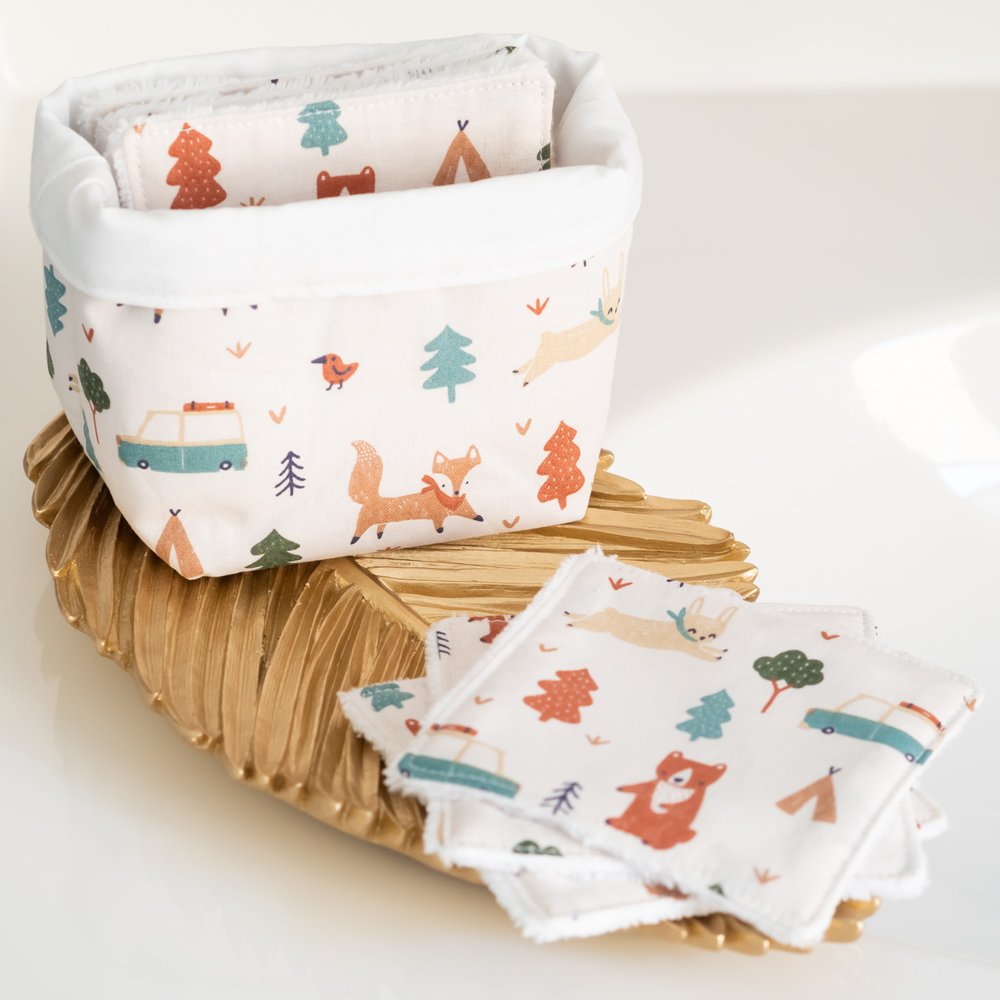 Lingette en coton lavable Bio en tissu et panier "Forêt Enchantée" |  Handmade in France | L'Atelier de July