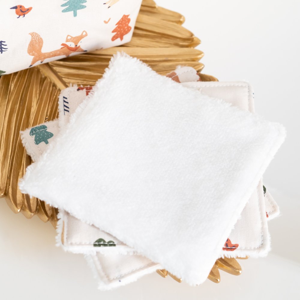 Lingette en coton lavable Bio en tissu et panier Forêt Enchantée, Handmade in France