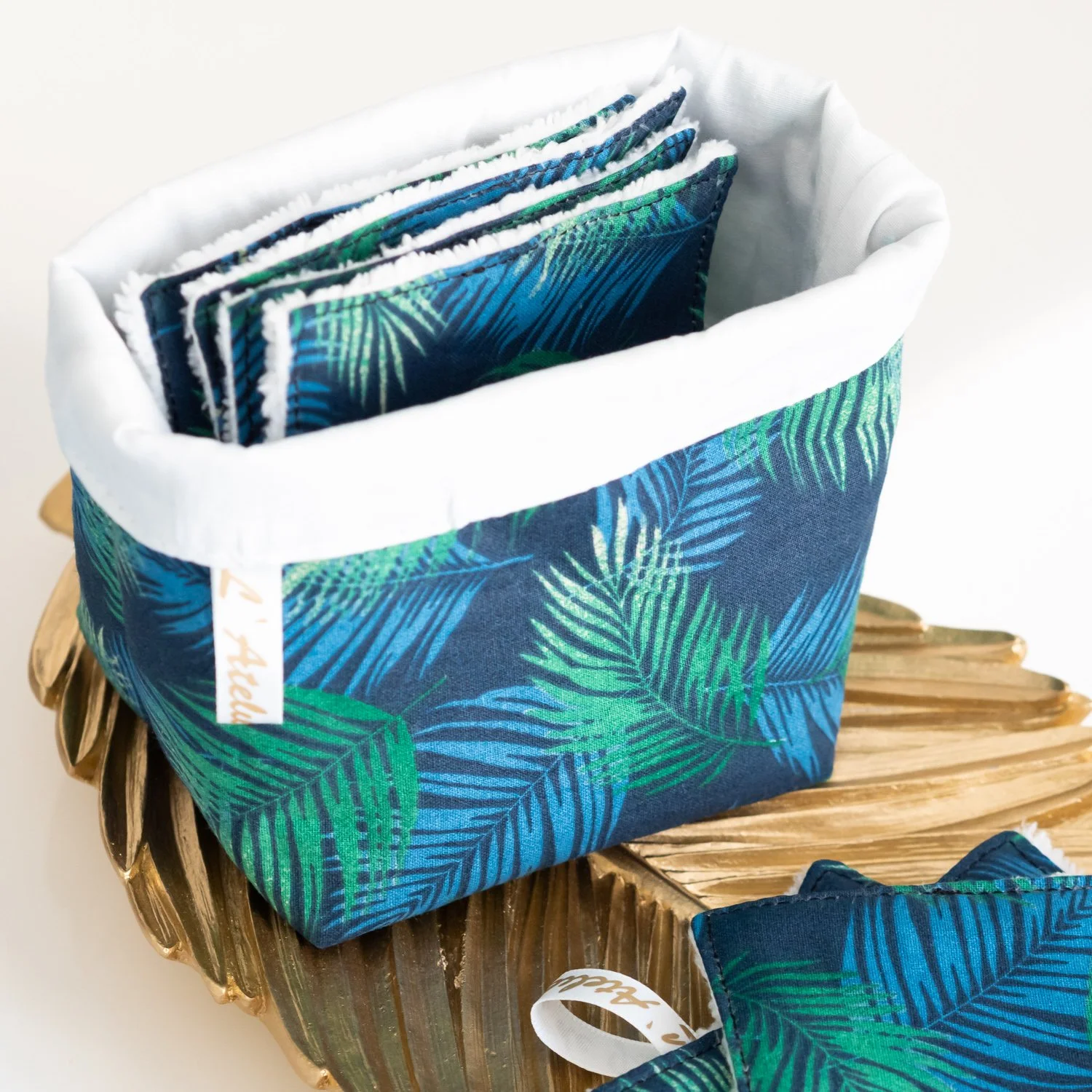 Coton lavable en tissu bio « Palmes » et panier - Démaquillage, bébé, zéro déchet, bio, écolo, lavable et réutilisable