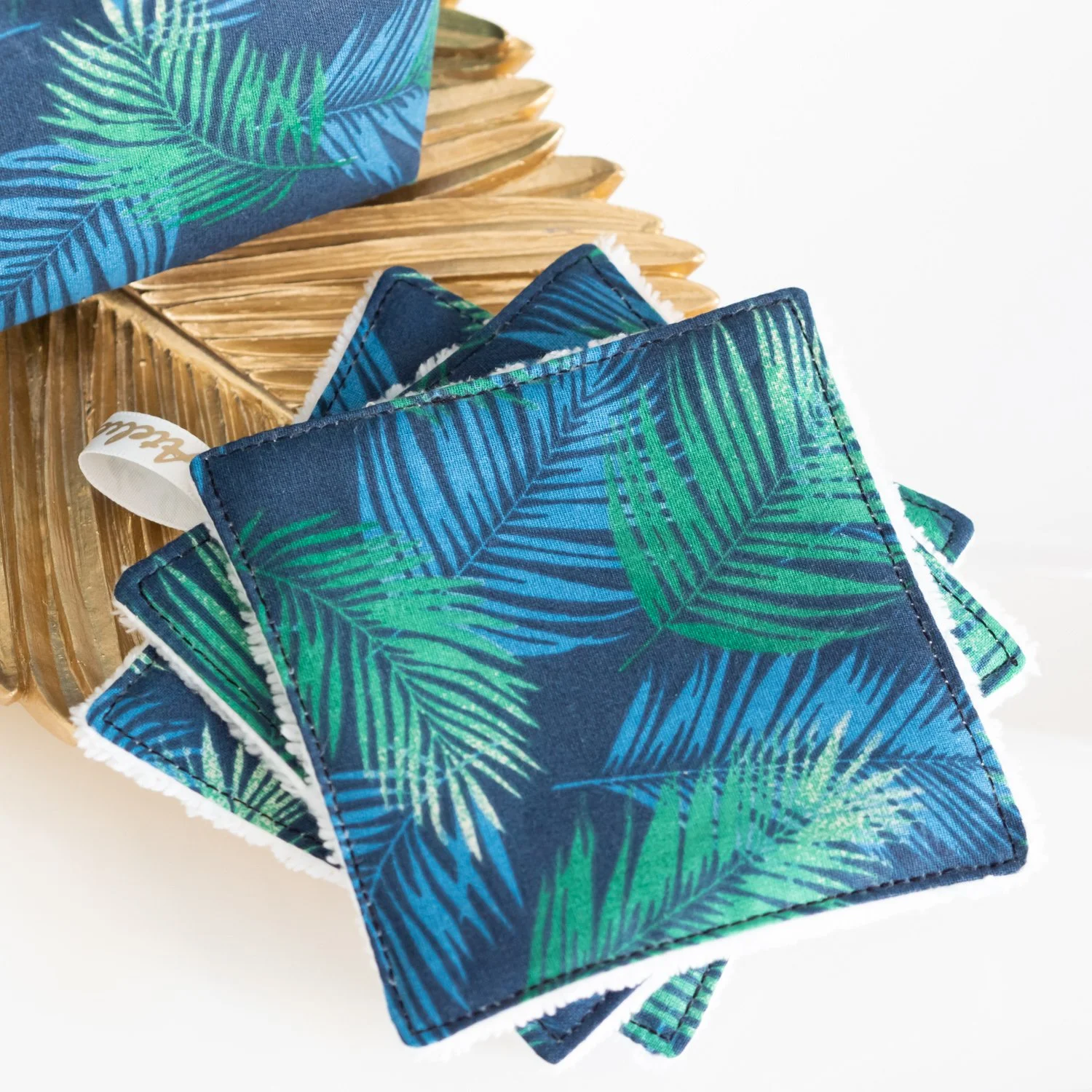 Coton lavable en tissu bio « Palmes » et panier - Démaquillage, bébé, zéro déchet, bio, écolo, lavable et réutilisable