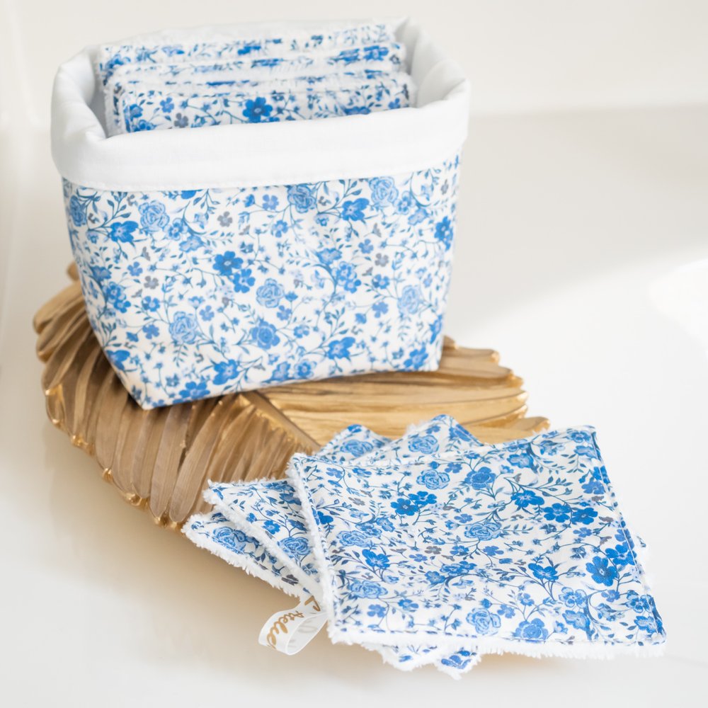Coton lavable en tissu Bio Blue Liberty et panier assorti, Handmade in  France