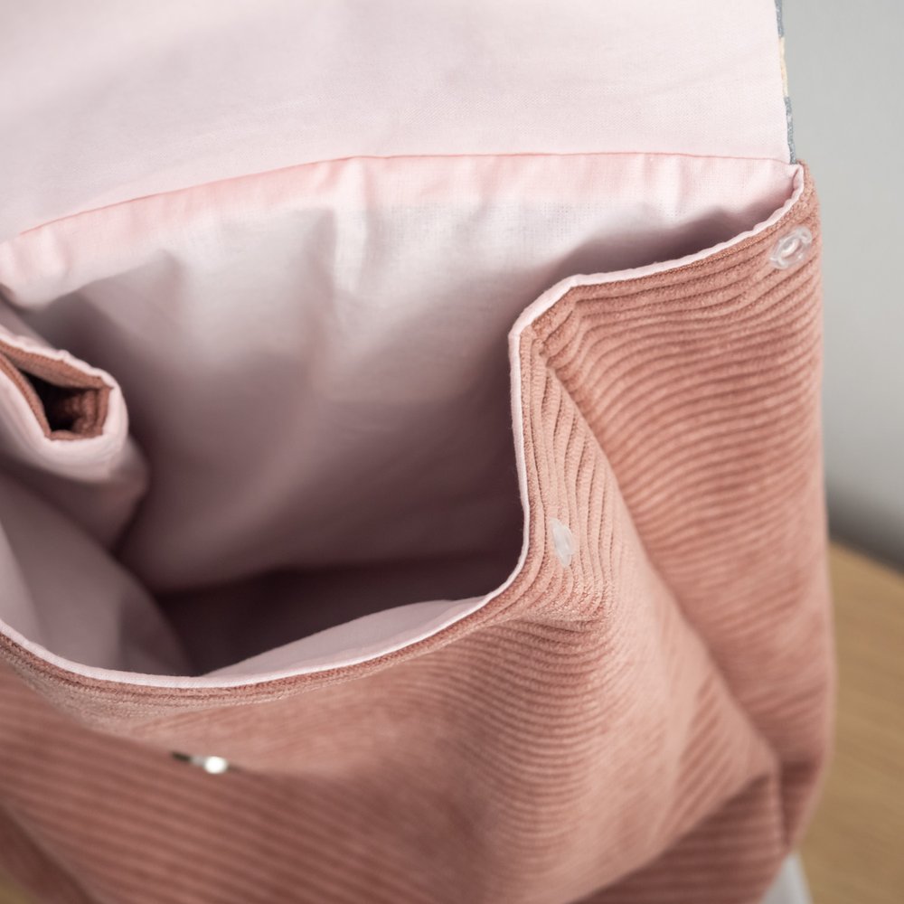 Sac à dos enfant, sac maternelle velours rose et tissu motif