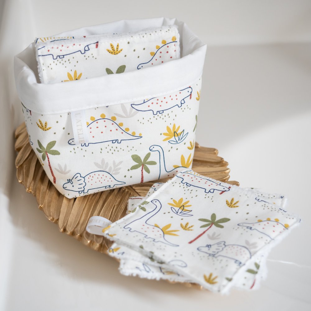 Lingette en coton lavable Bio en tissu et panier Dino, Handmade in  France