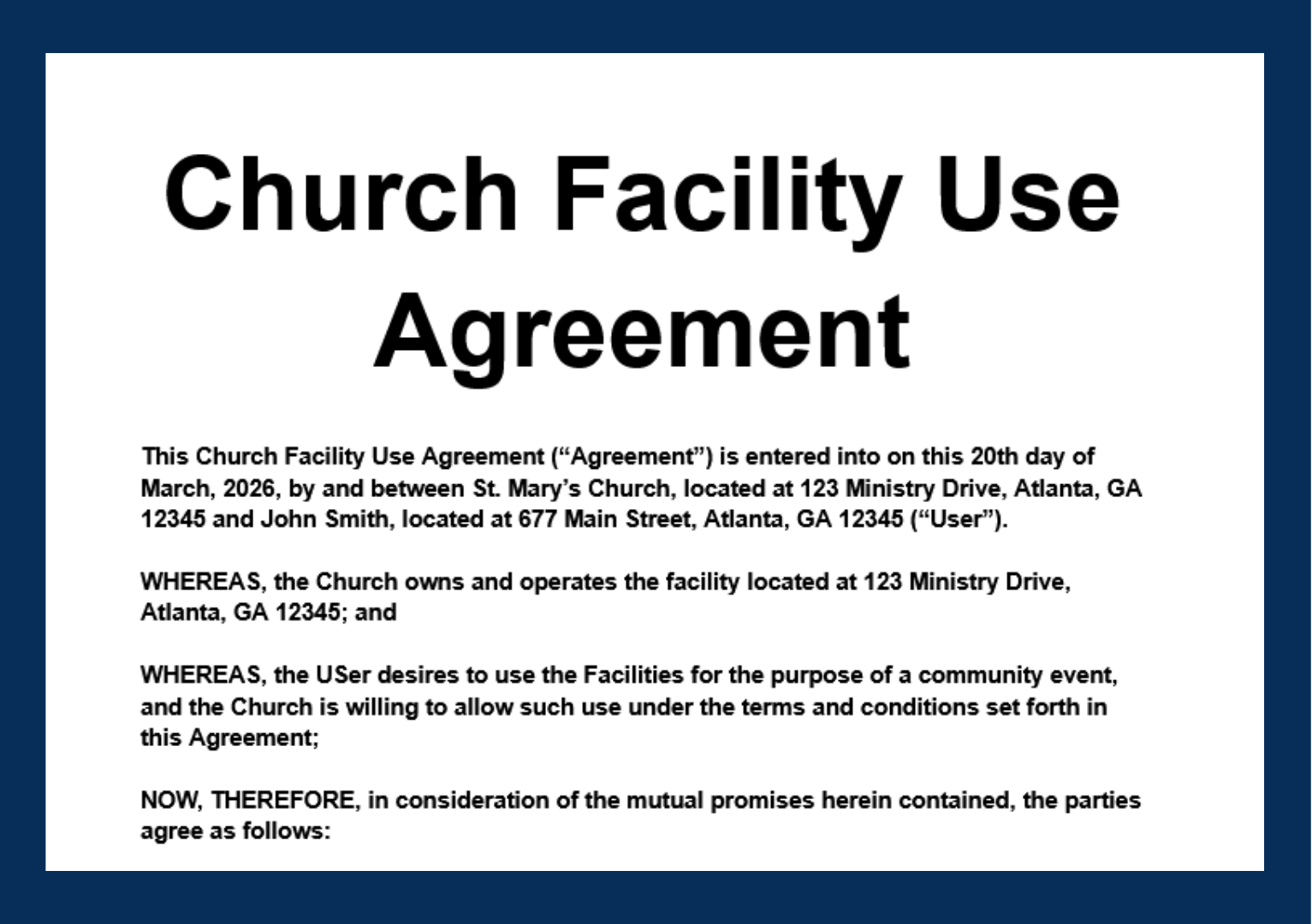 screensot of the first three paragraphs of a church facility use agreement