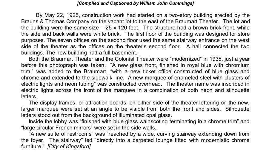 A scanned historical document detailing the construction and modernization of the Braumart and Colonial Theaters, including architectural features and interior upgrades.