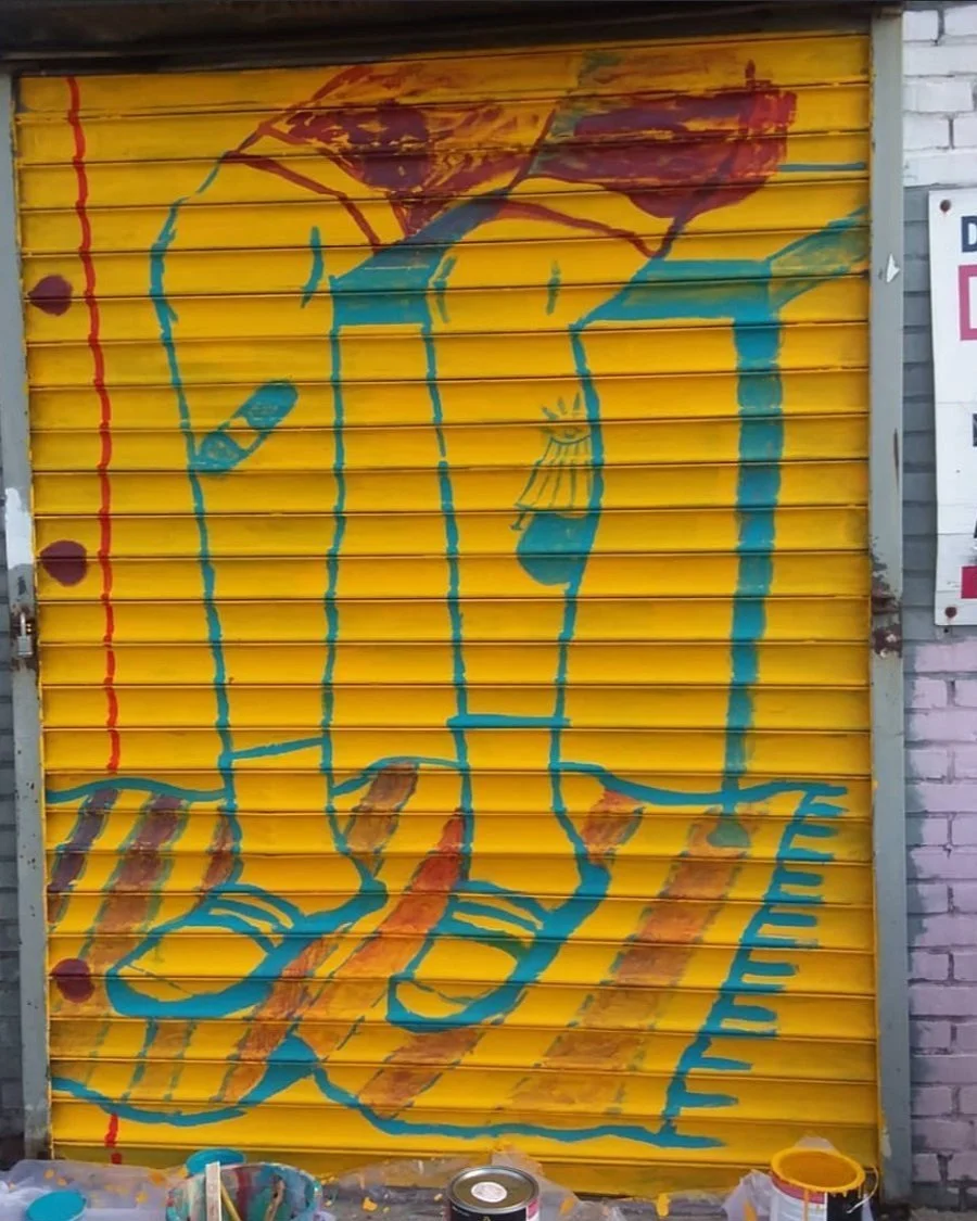 "Legal Pad Doodle" mural on furniture store gates (side gate) for 100 Gates Project 2018