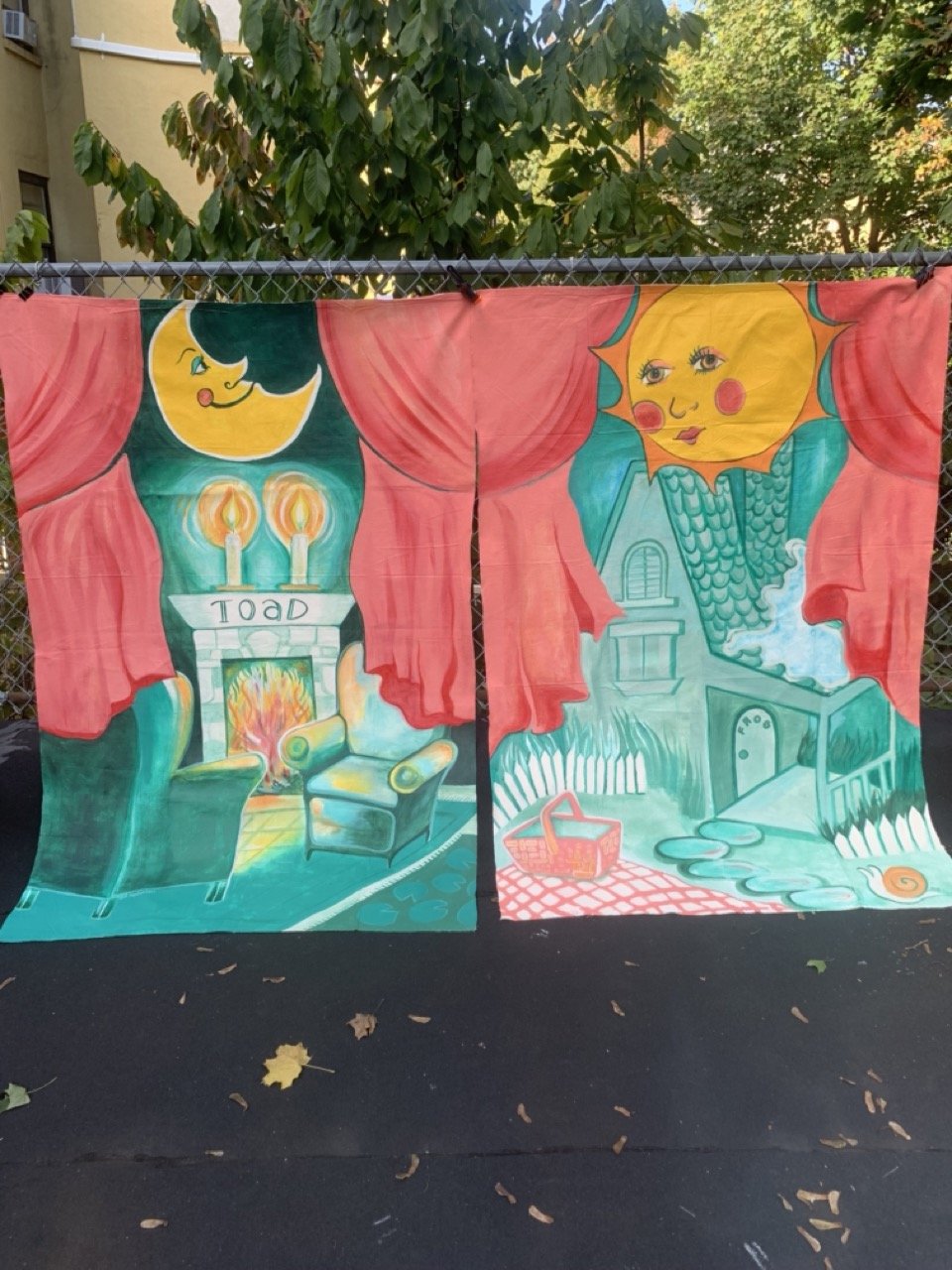 "Frog and Toad" murals on fabric for a children's play 6 x 8 feet each. 2023