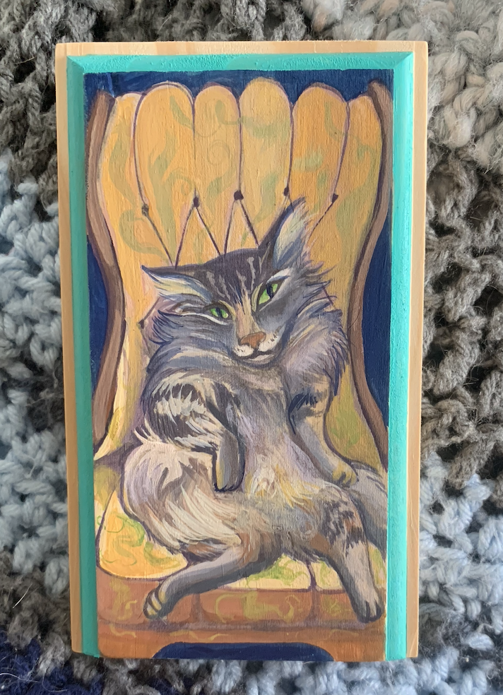 "On the Throne" Mixed Media on found wood 2024