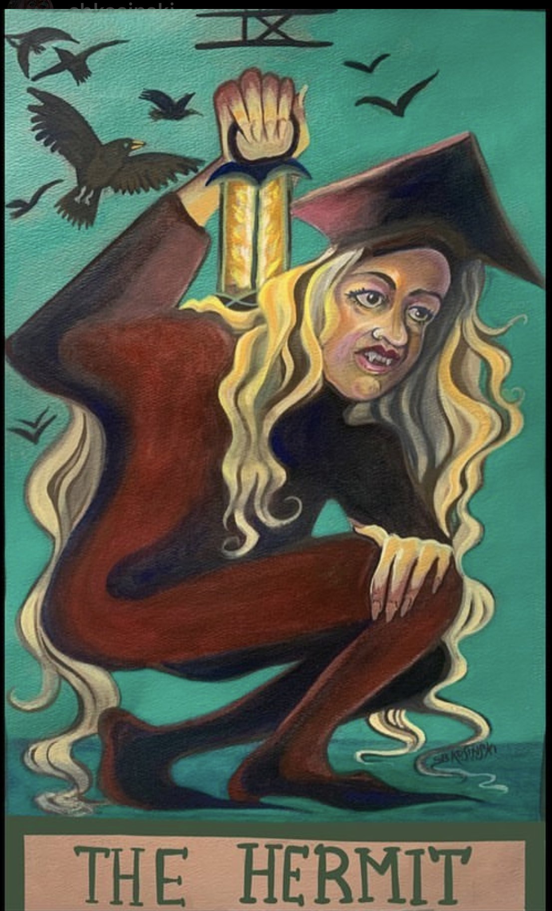 "The Guide as The Hermit card" Mixed media on paper 2024
