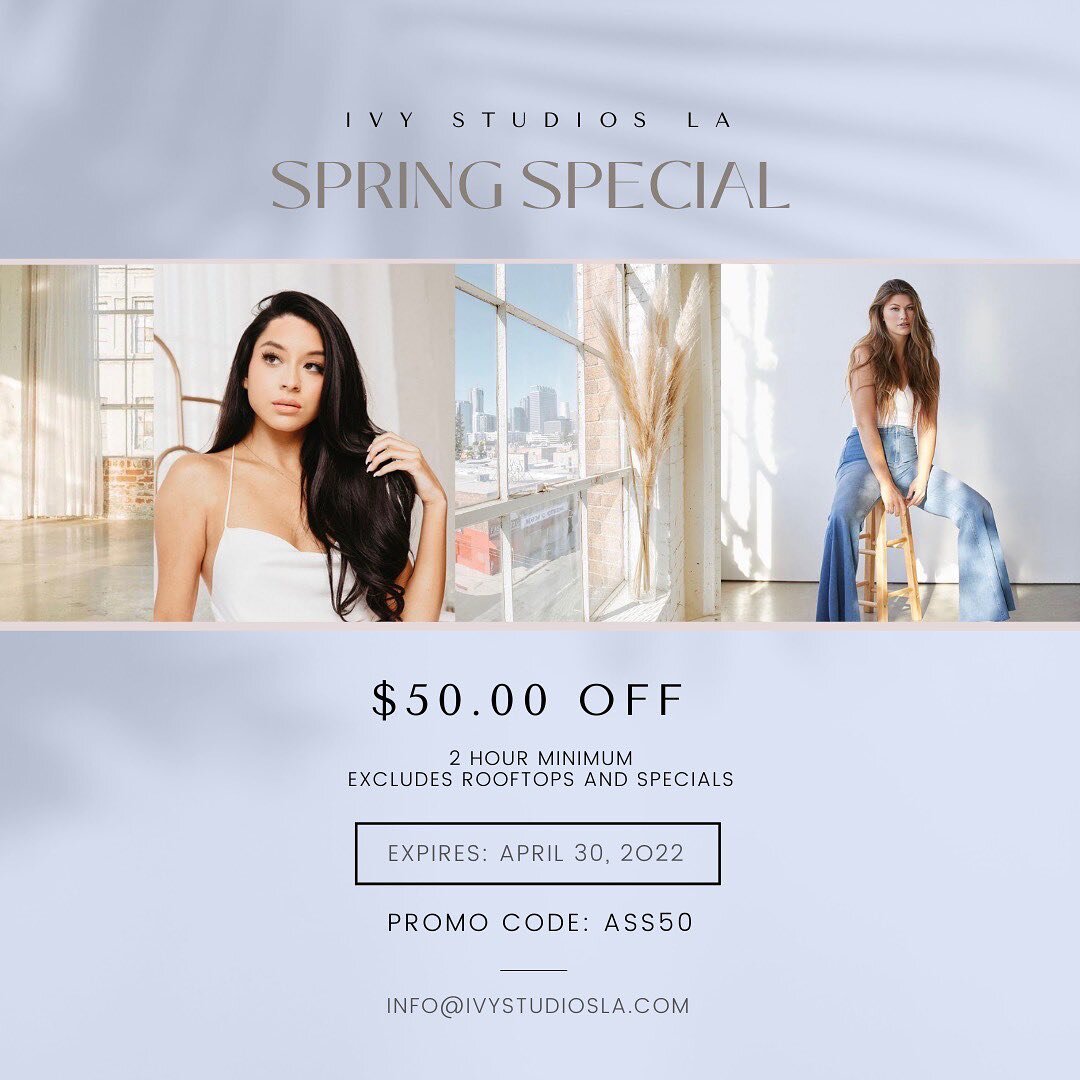 Are you looking for your next location? Take advantage of our spring special now! Receive $50 OFF with the promo code: ASS50 🌸📸

For questions and booking info, contact us directly at: INFO@IVYSTUDIOSLA.COM 
.
.
.
.

#laphotostudio #larooftop #phot